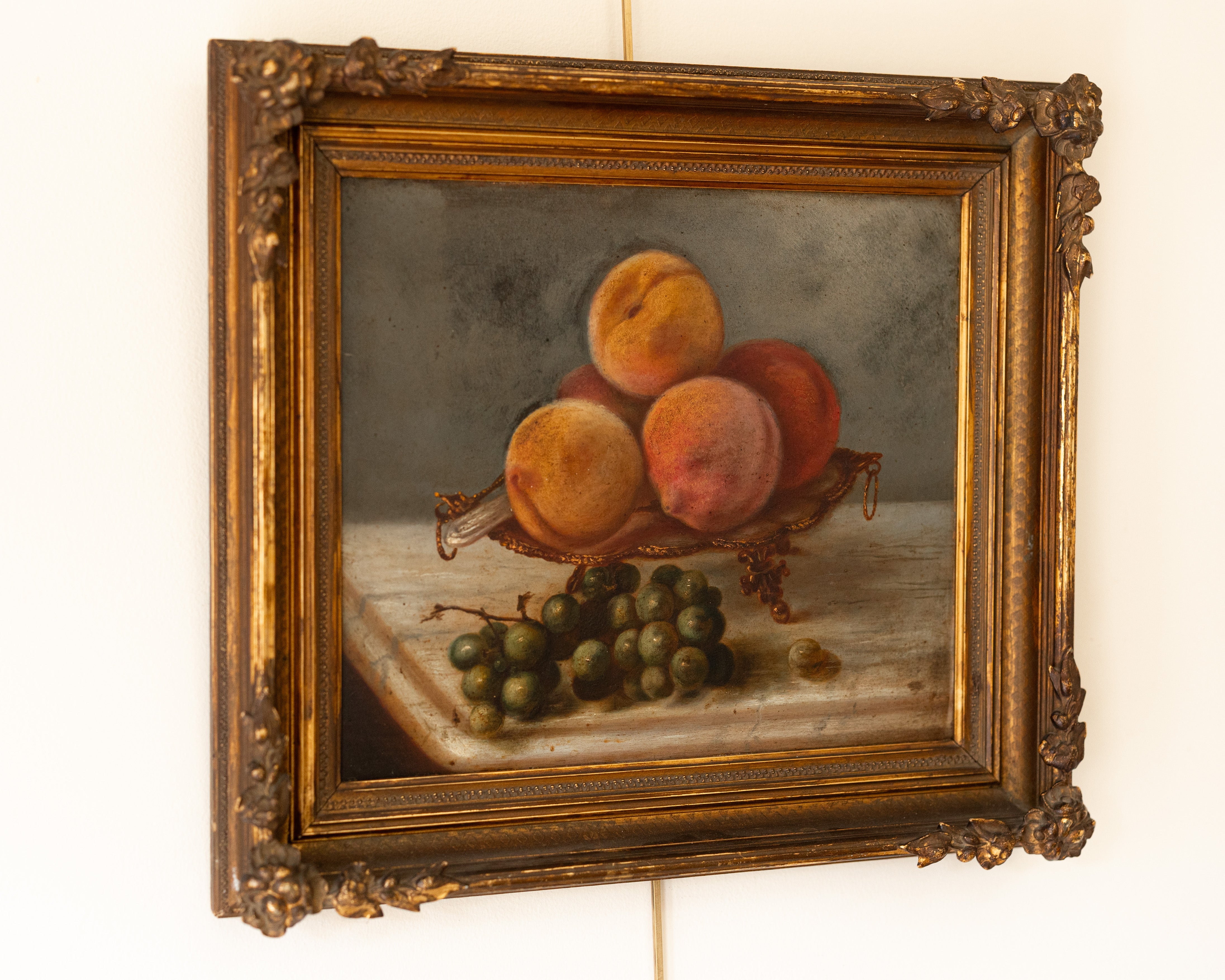 19th Century Still Life Painting – Peaches & Grapes in Ormolu Bowl