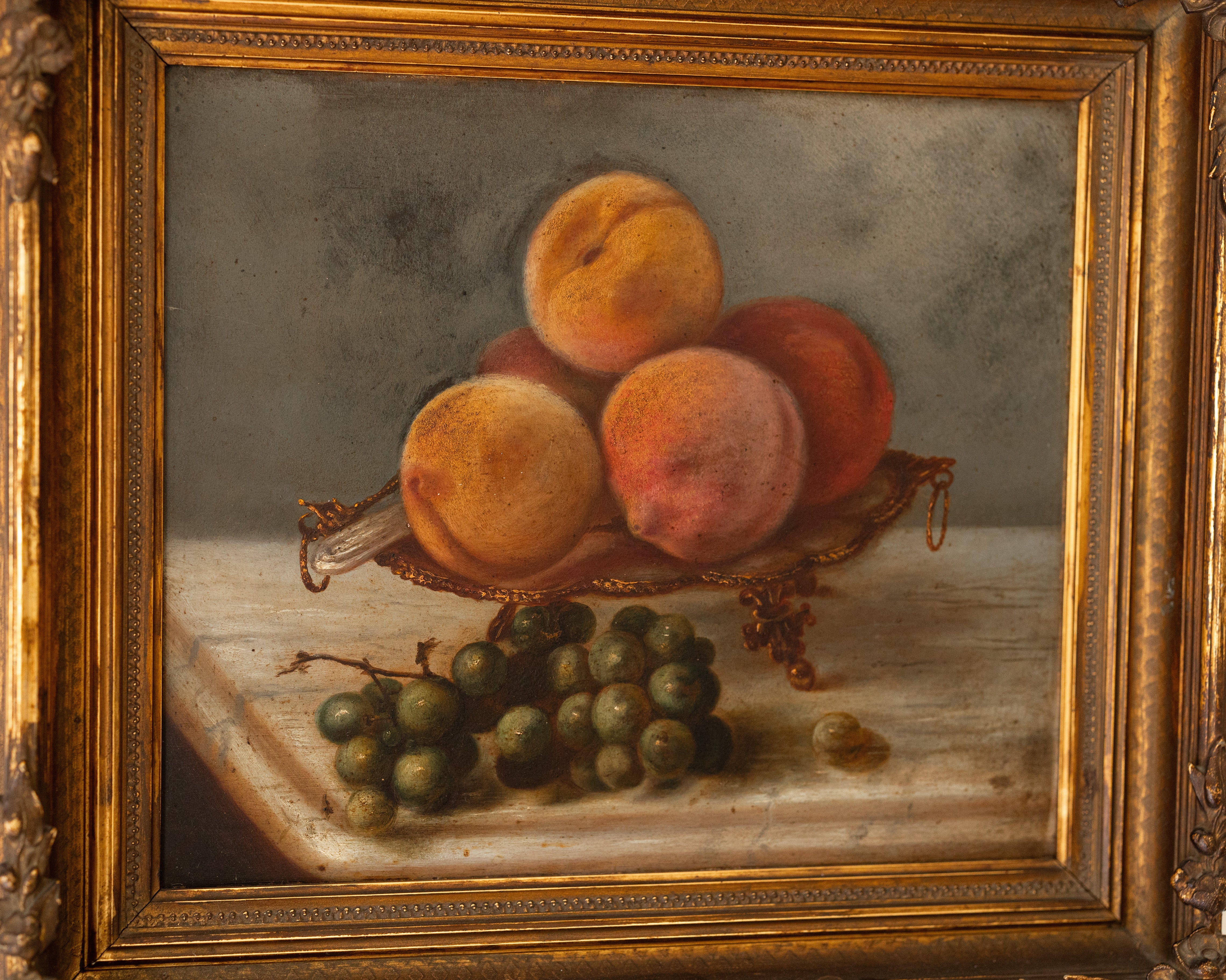 19th Century Still Life Painting – Peaches & Grapes in Ormolu Bowl