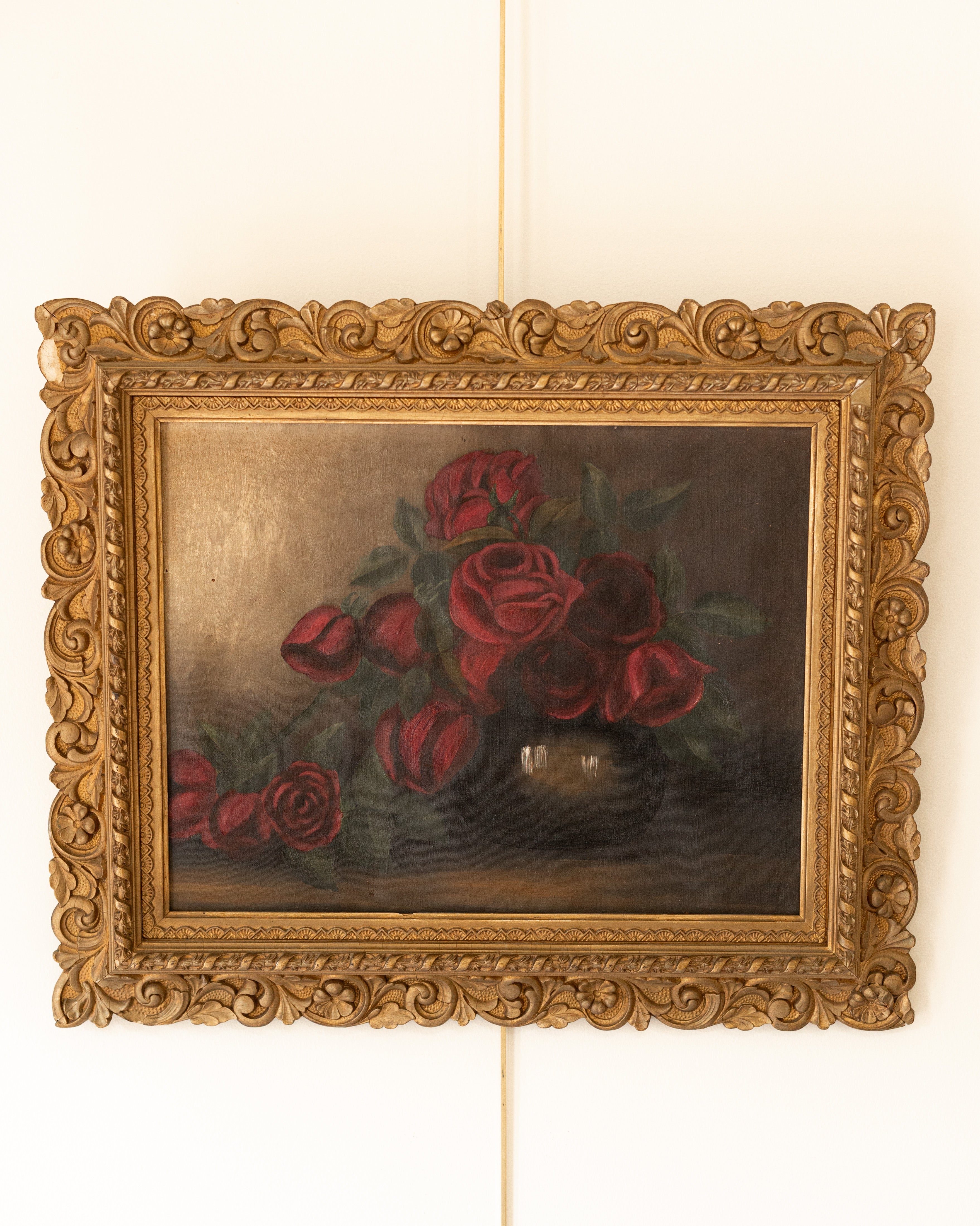 19th Century Still Life Oil Painting – Red Roses in Vase