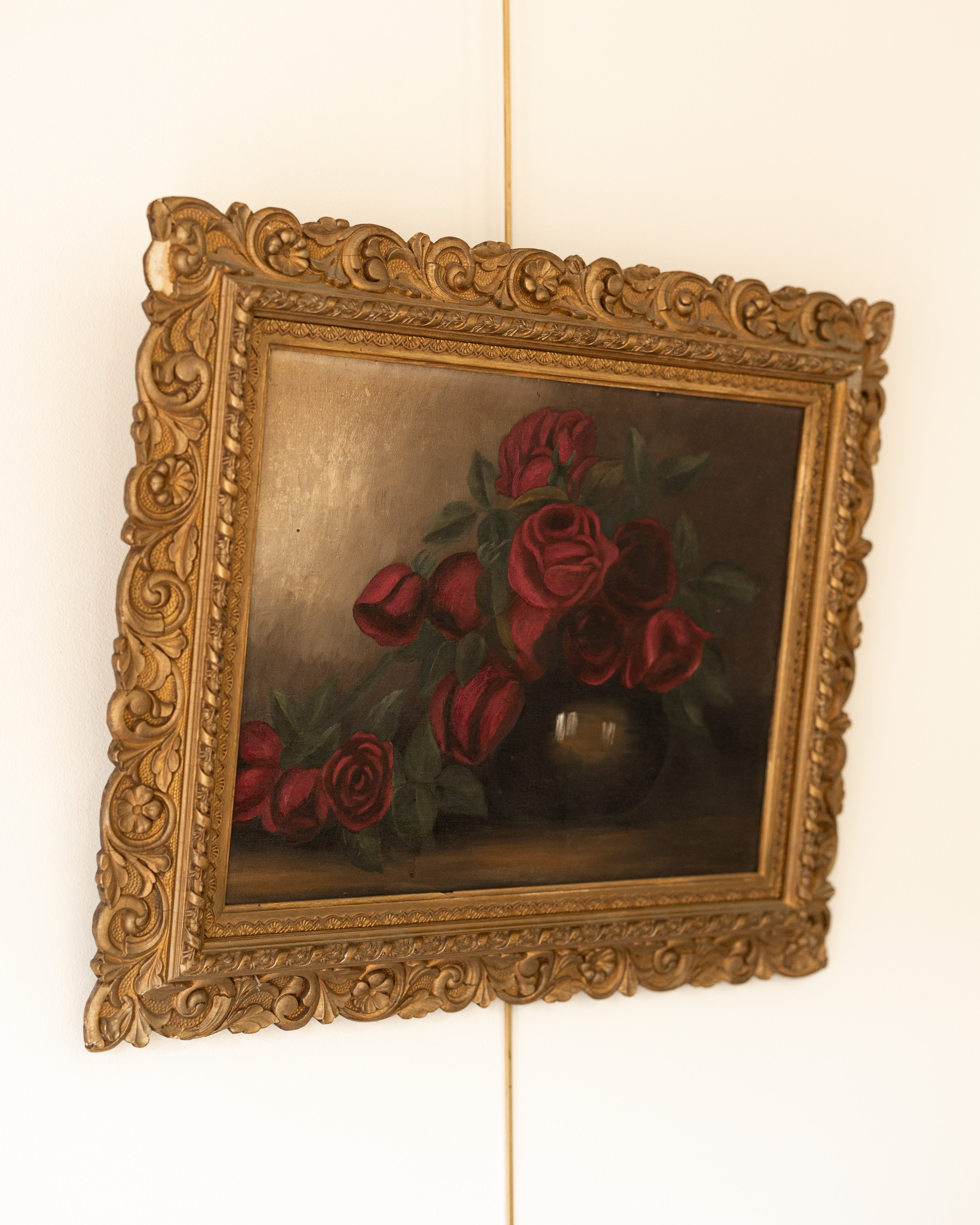 19th Century Still Life Oil Painting – Red Roses in Vase