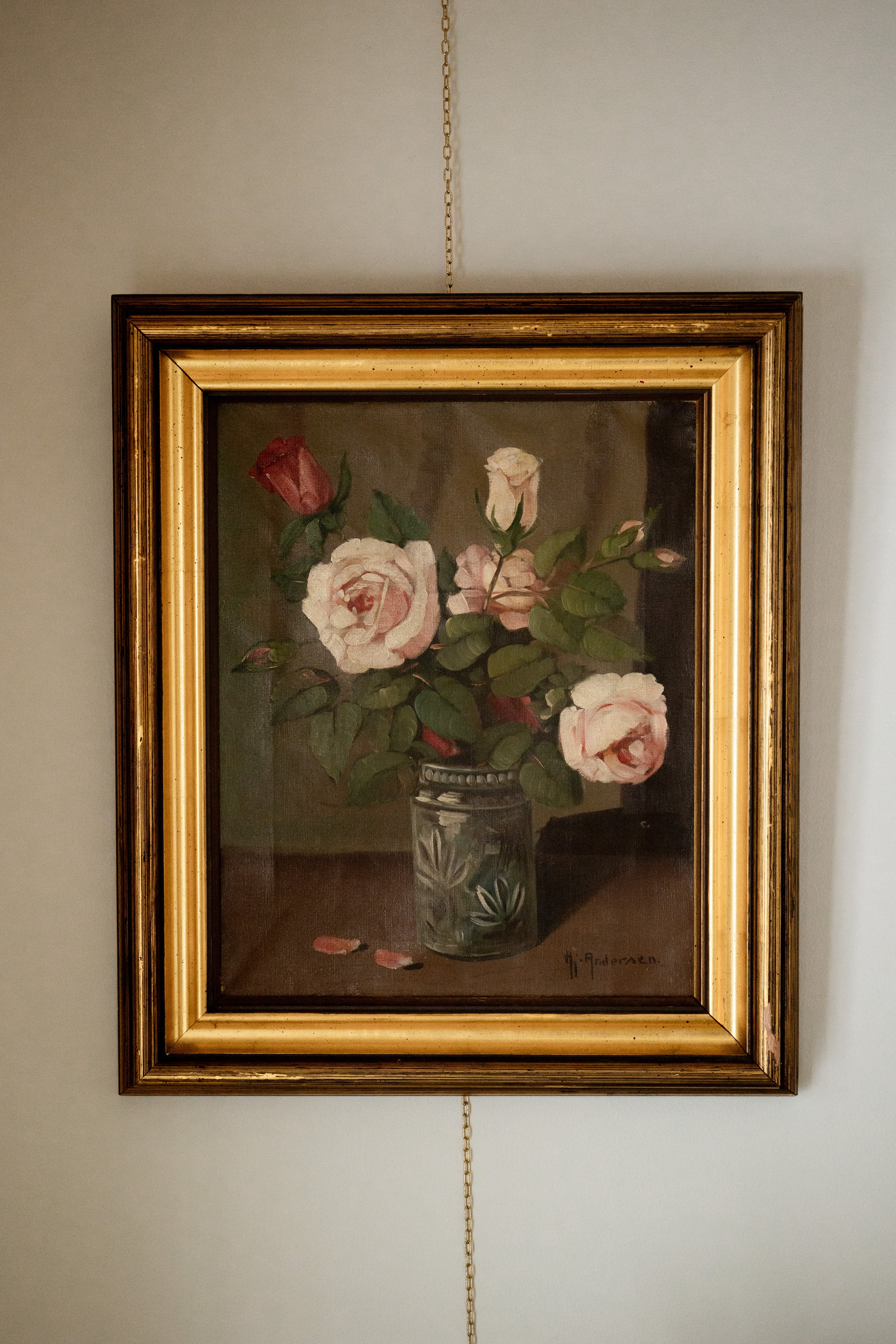 Antique Floral Still Life Oil Painting in Gilt Frame