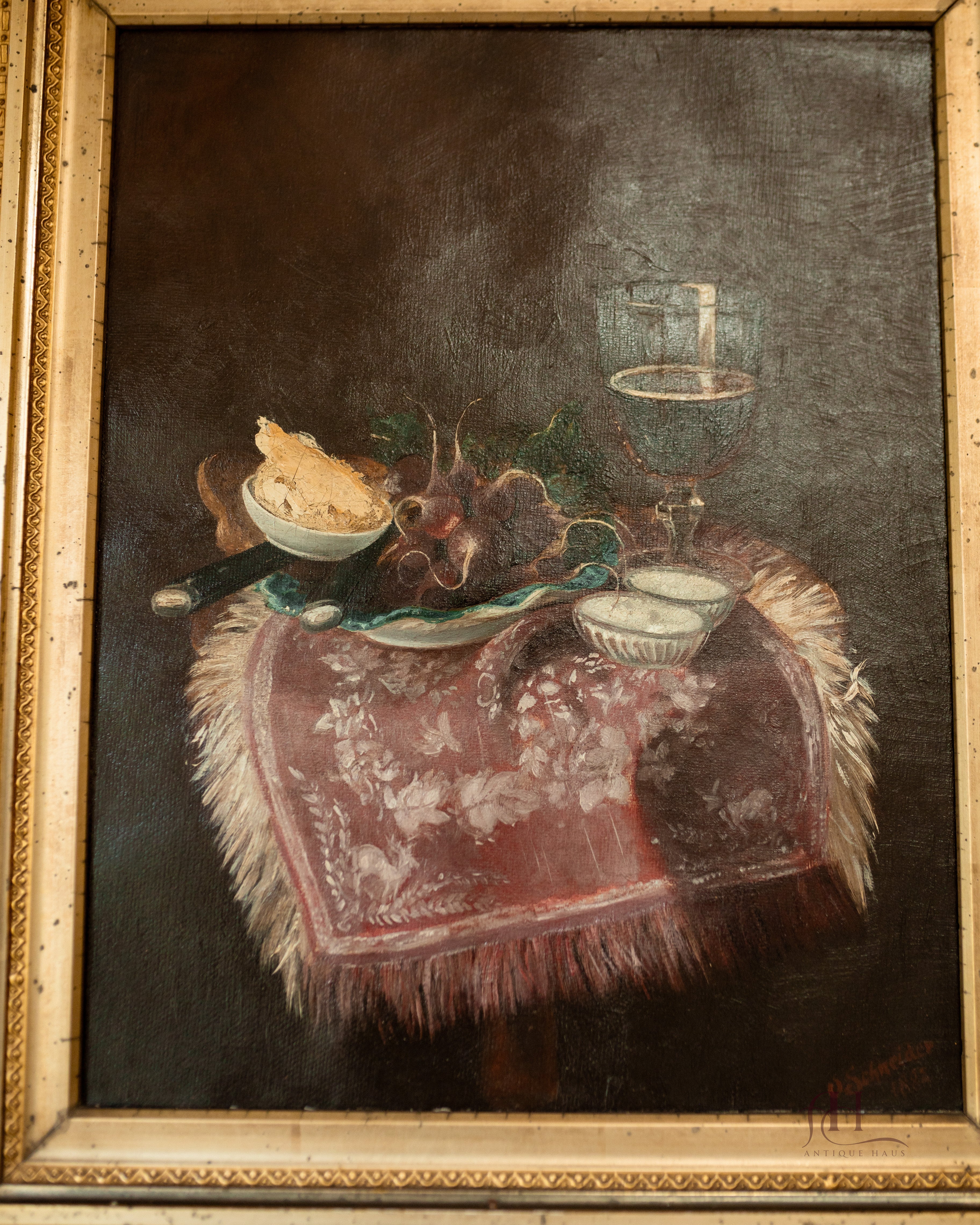 "Wine Glass & Radishes" 19th Century Still Life Oil Painting by Otto Henry Schneider