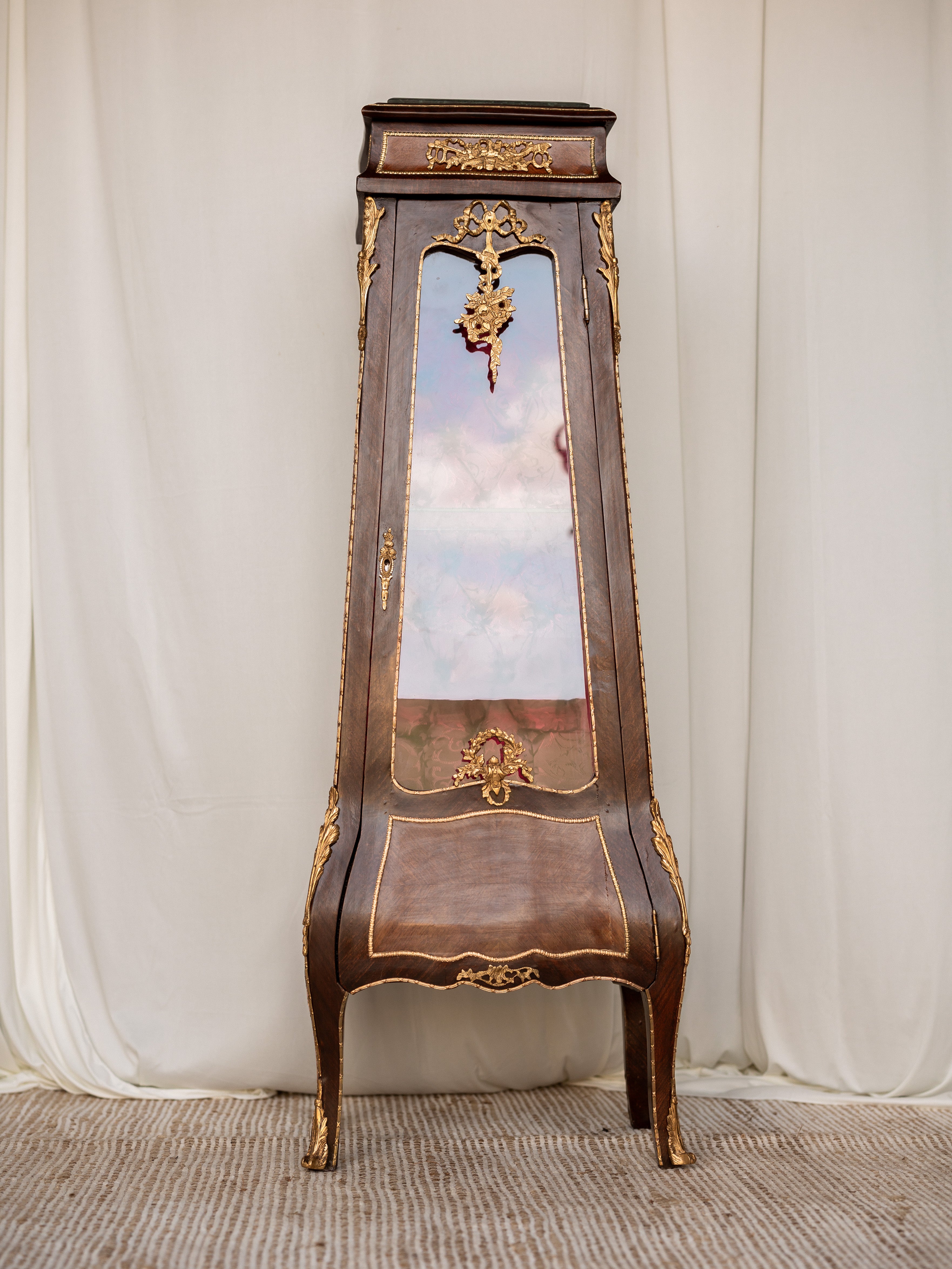 French Ormolu Vitrine with Magenta Tufted Silk Lining