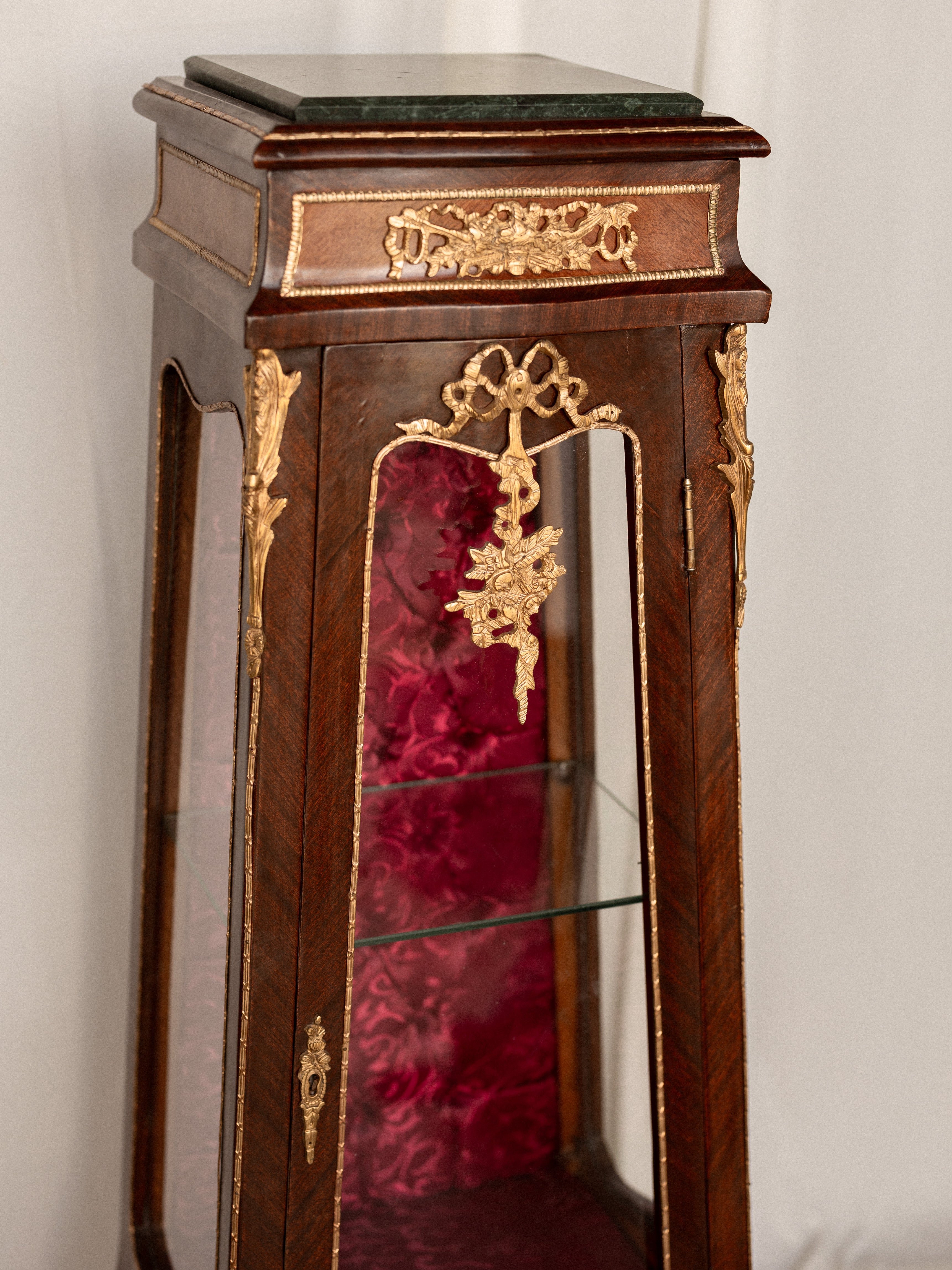 French Ormolu Vitrine with Magenta Tufted Silk Lining