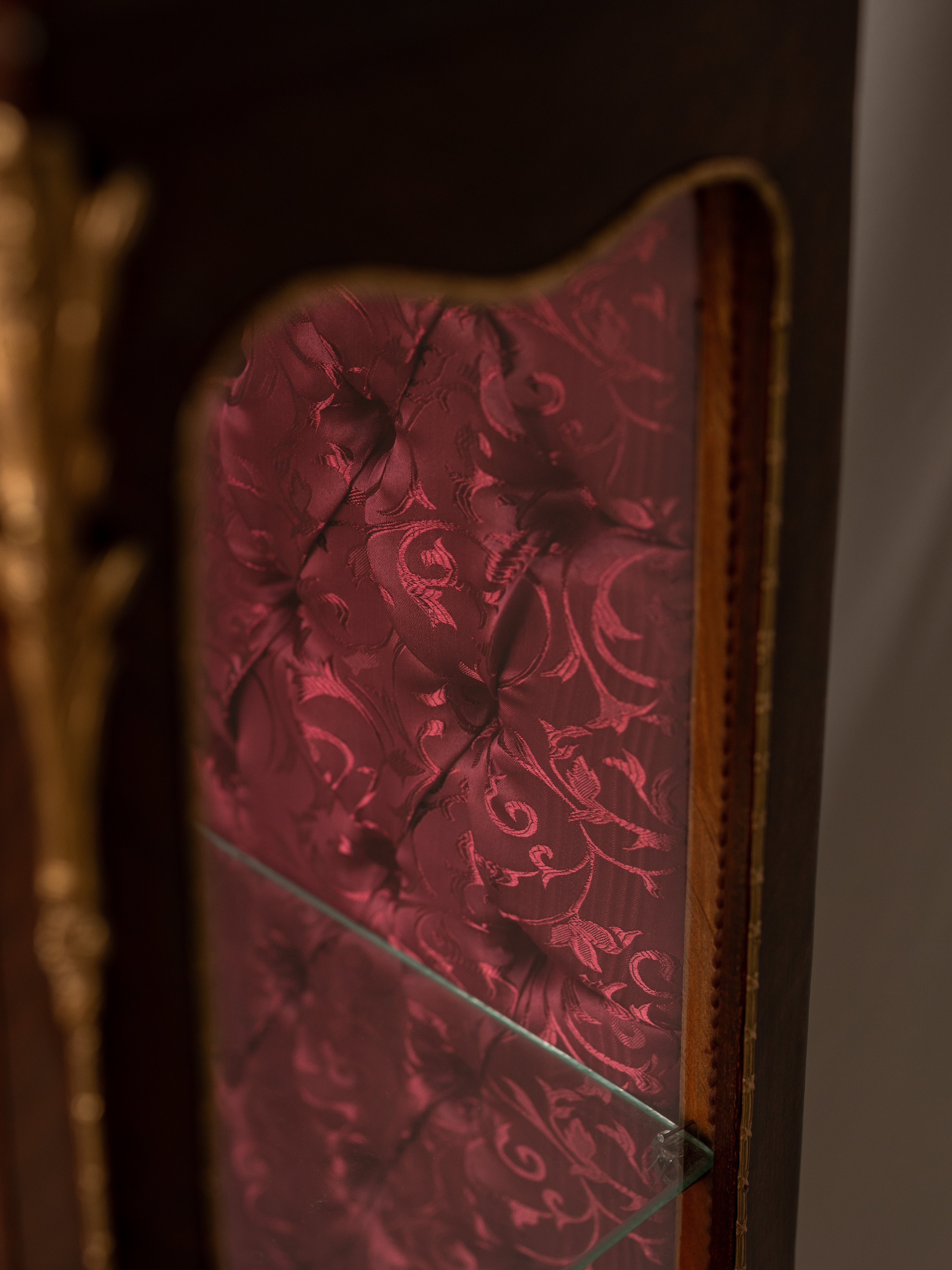 French Ormolu Vitrine with Magenta Tufted Silk Lining