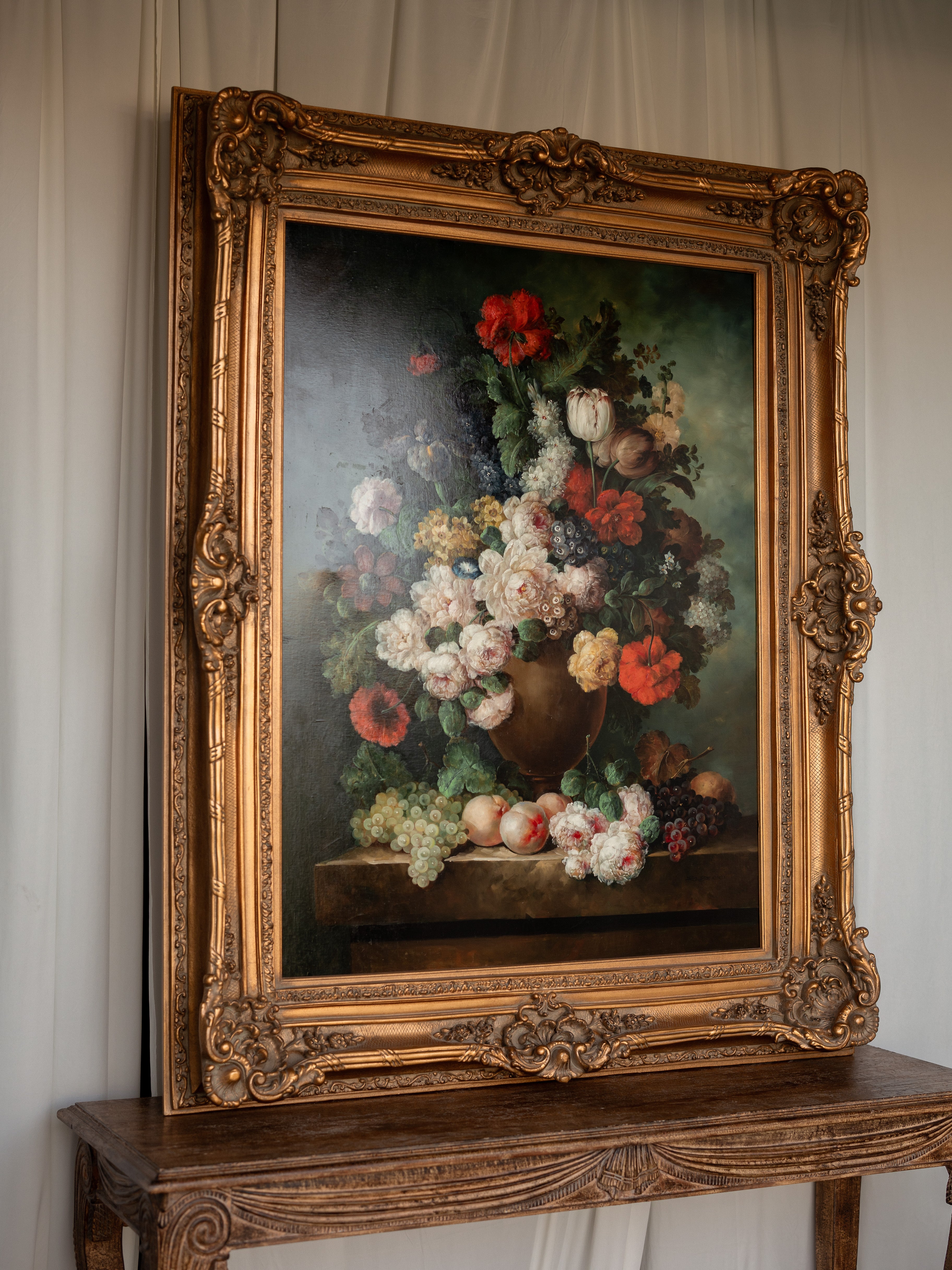 Vintage Floral Oil Painting in Ornate Gilt Wood Frame