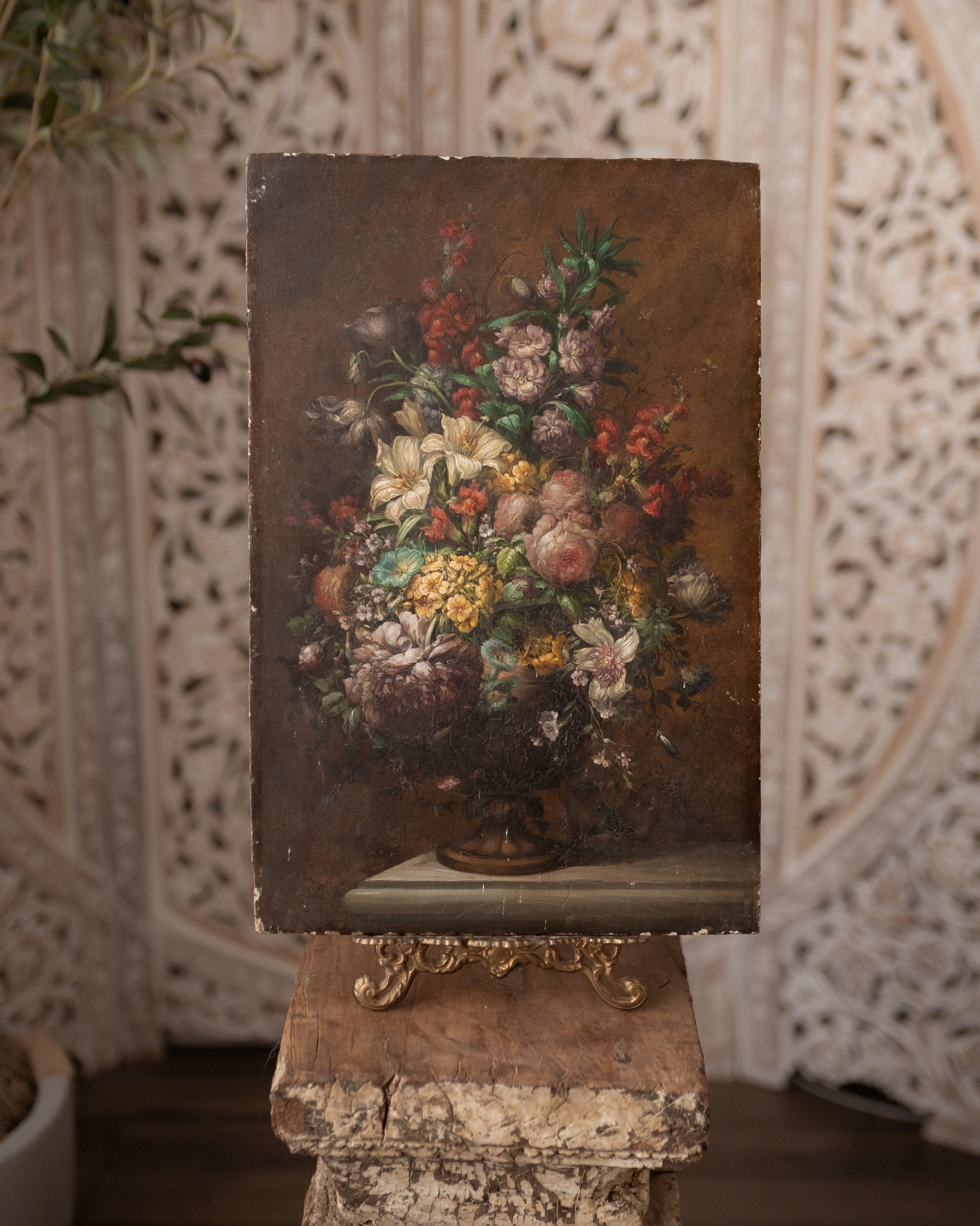 19th Century Floral Still Life on Wood Panel