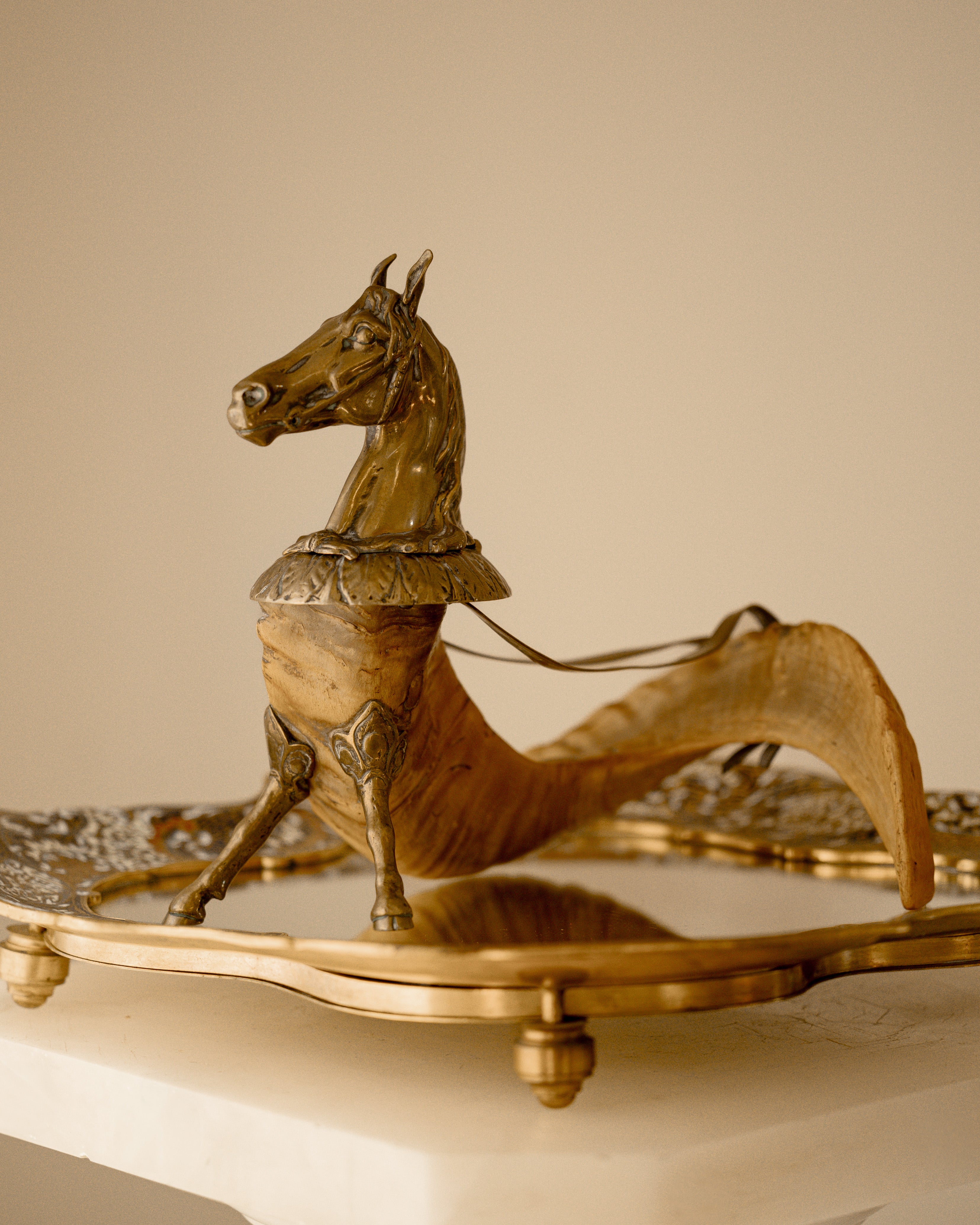 Antique Brass & Ram’s Horn Horse Inkwell