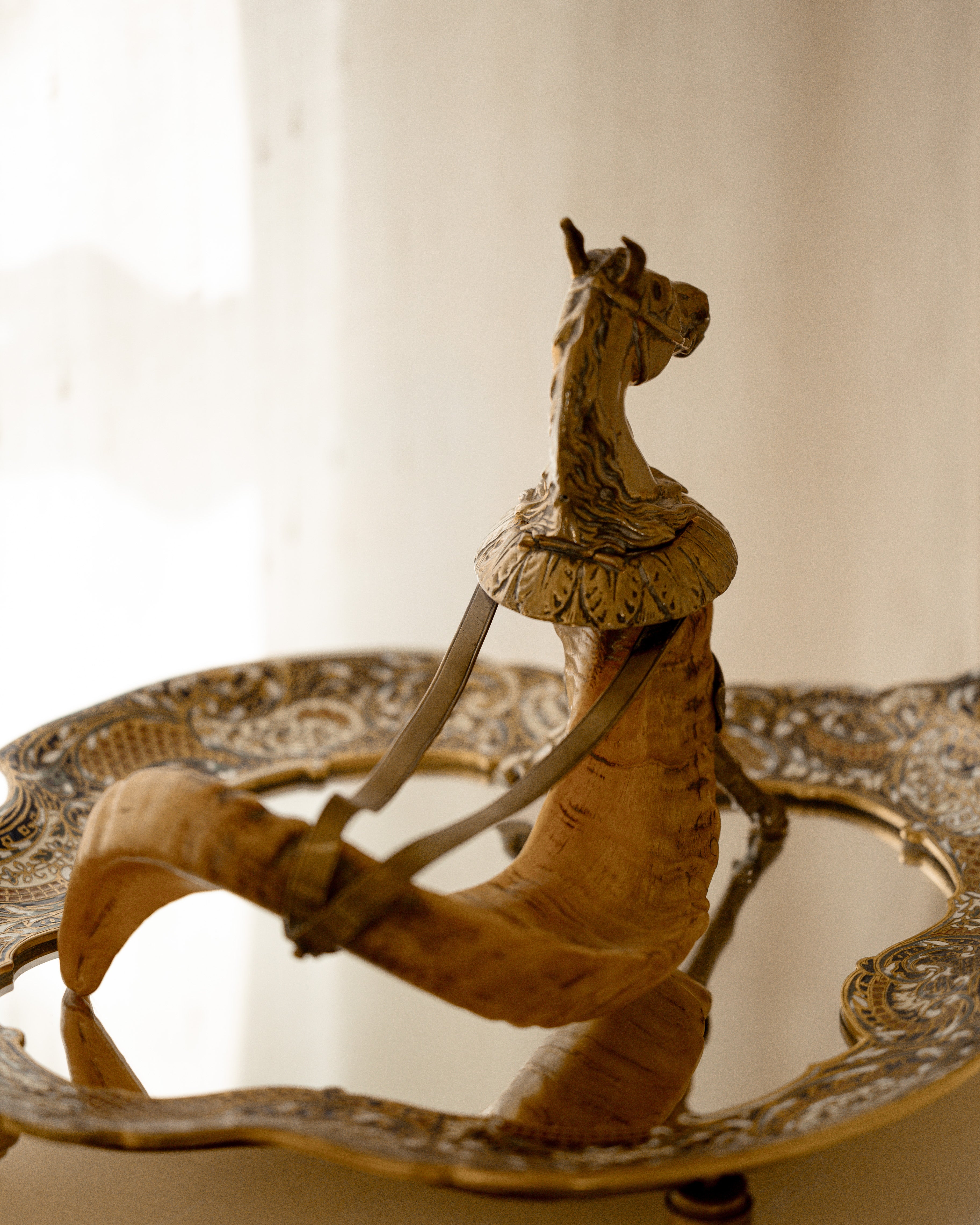 Antique Brass & Ram’s Horn Horse Inkwell