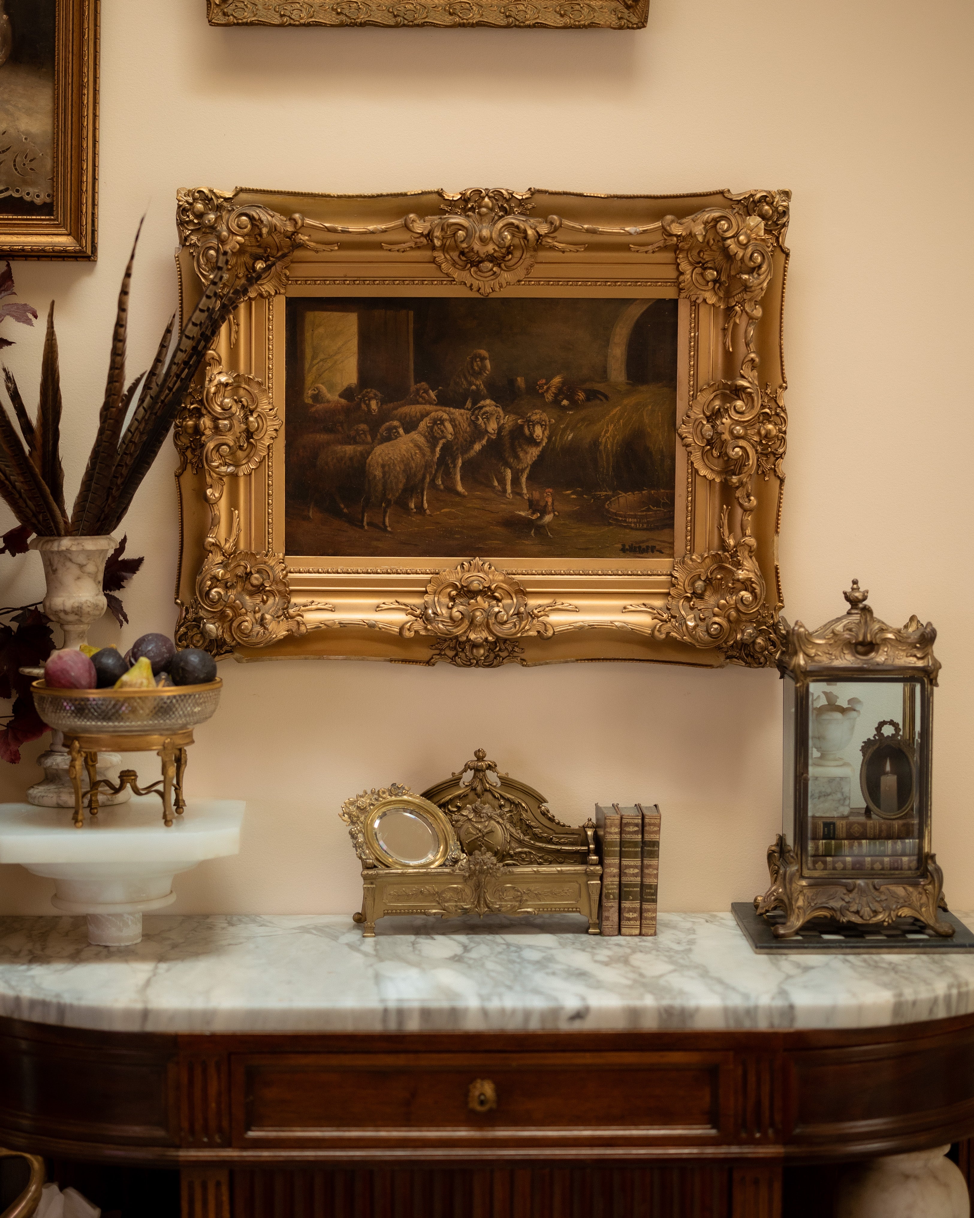 Antique Barn Scene w/ Sheep in Ornate Giltwood Frame