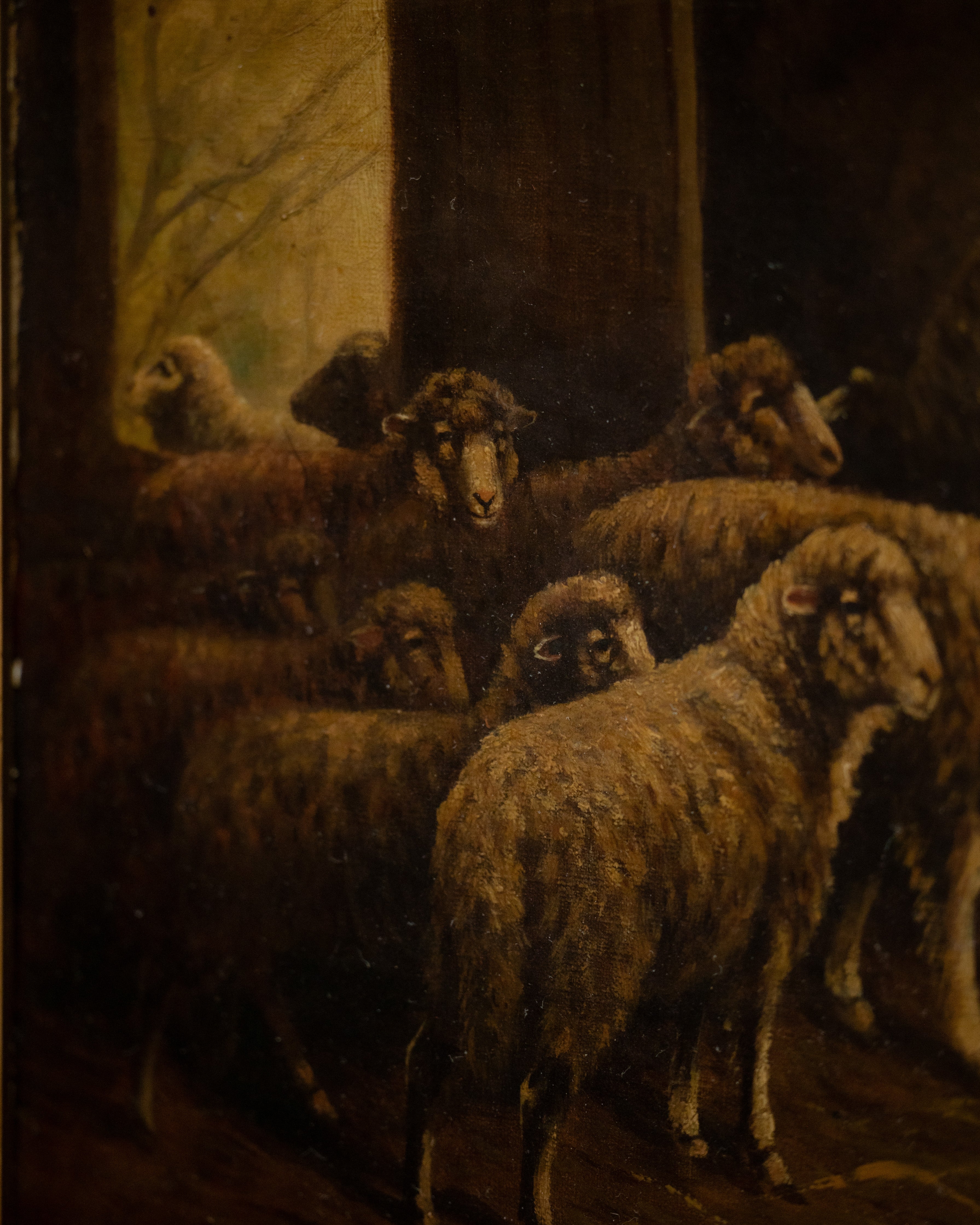 Antique Barn Scene w/ Sheep in Ornate Giltwood Frame