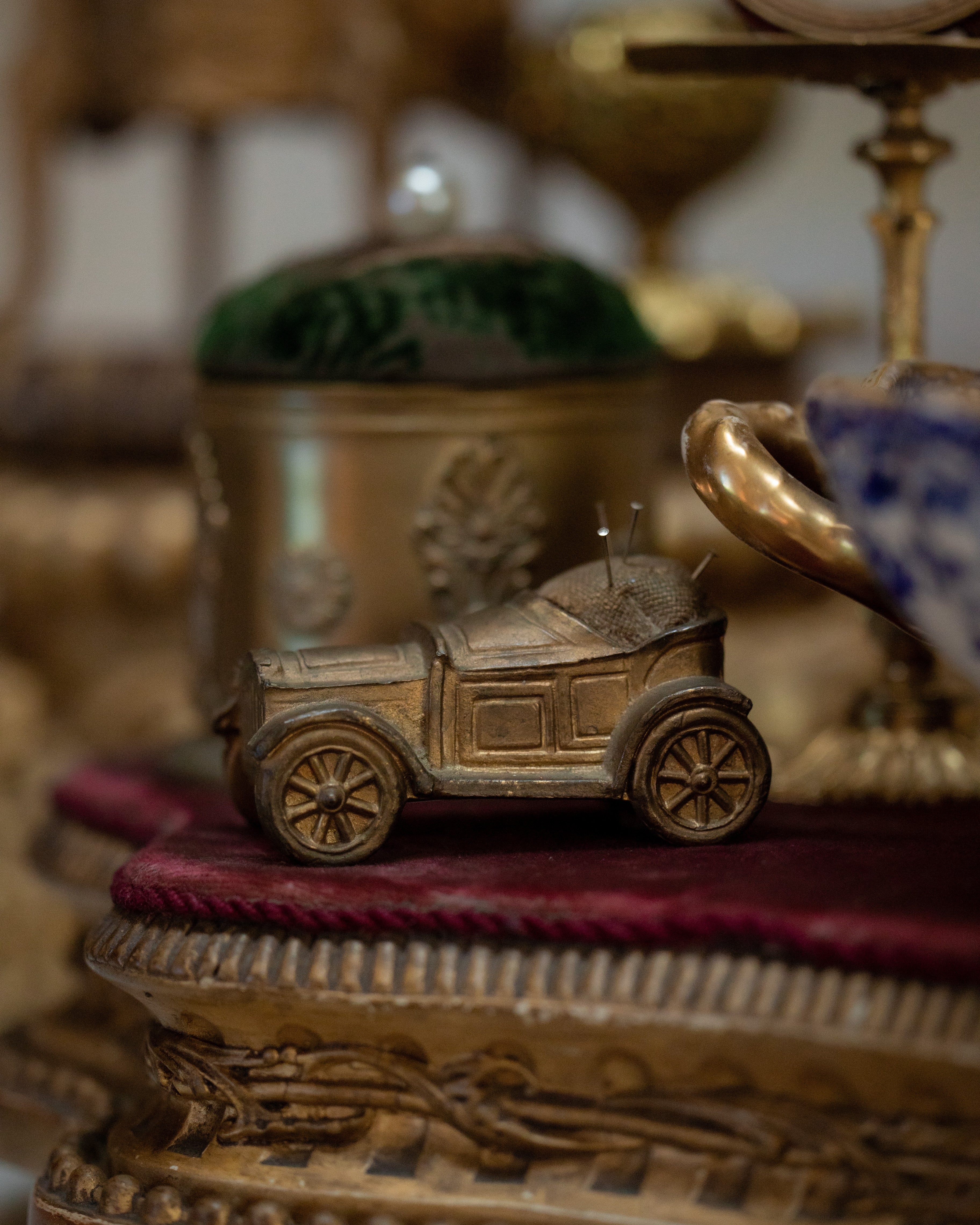 Antique Gilt Metal Car Pin Cushion