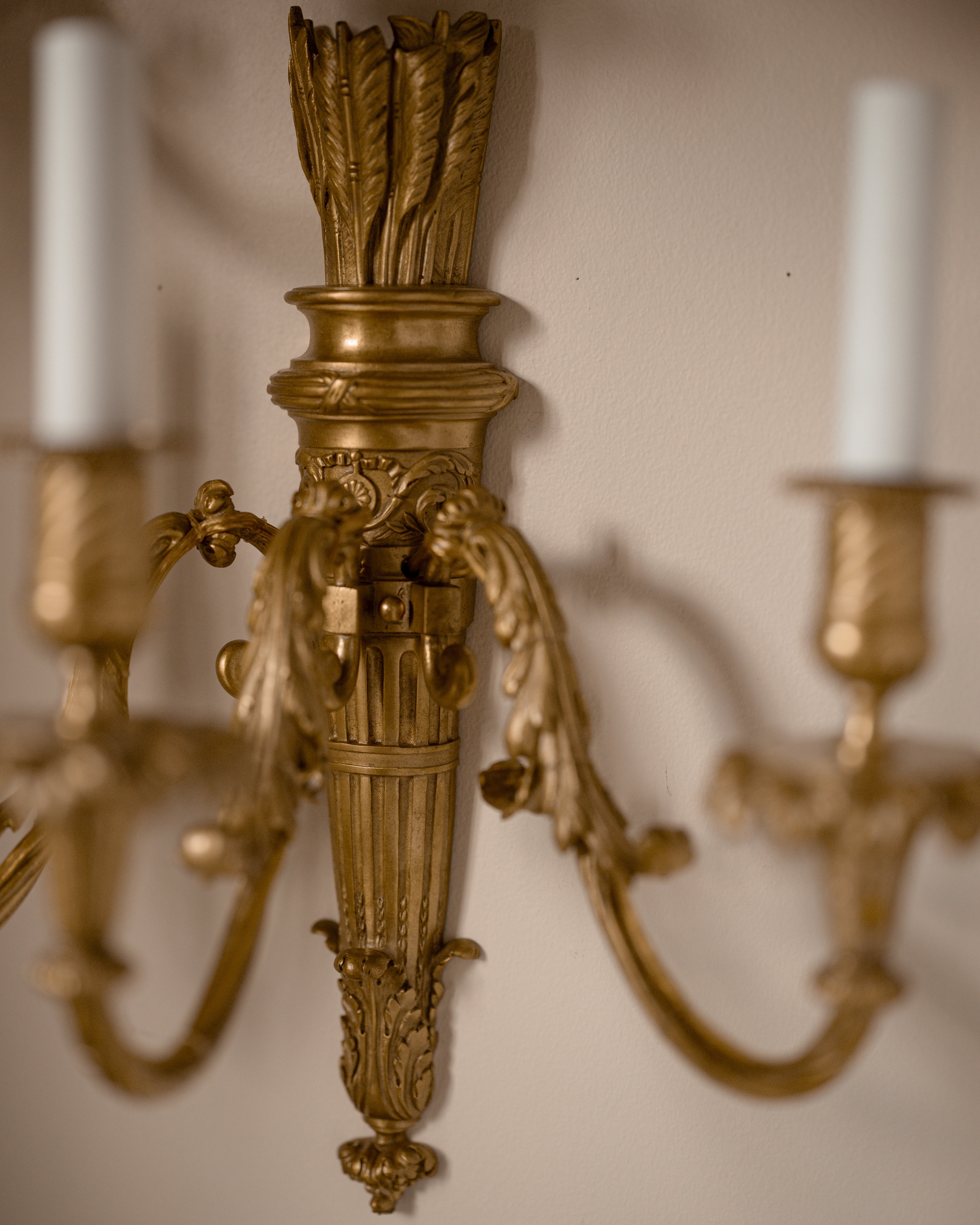 Pair of 19th C. French Gilt Bronze Three-Arm Candle Sconces