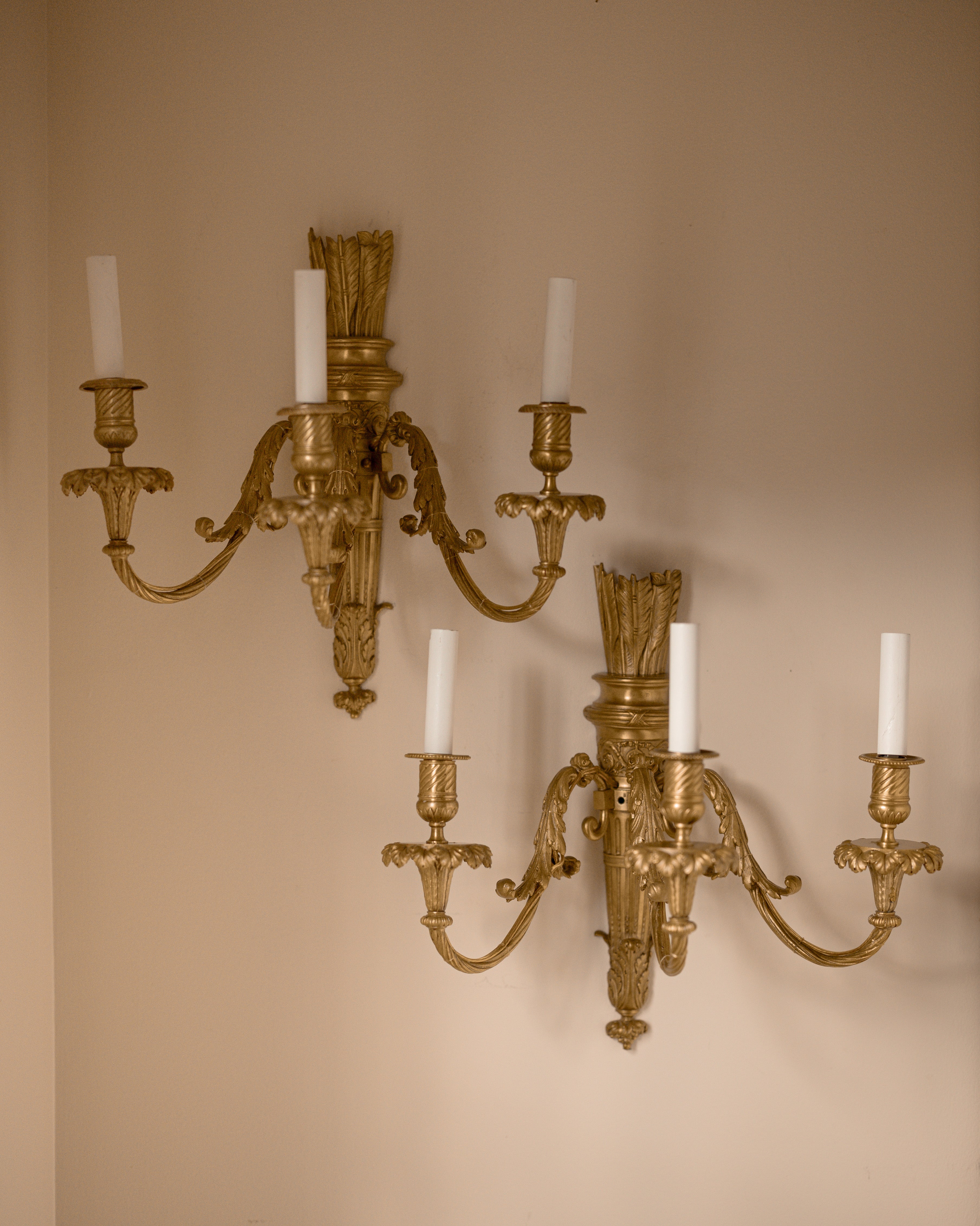 Pair of 19th C. French Gilt Bronze Three-Arm Candle Sconces