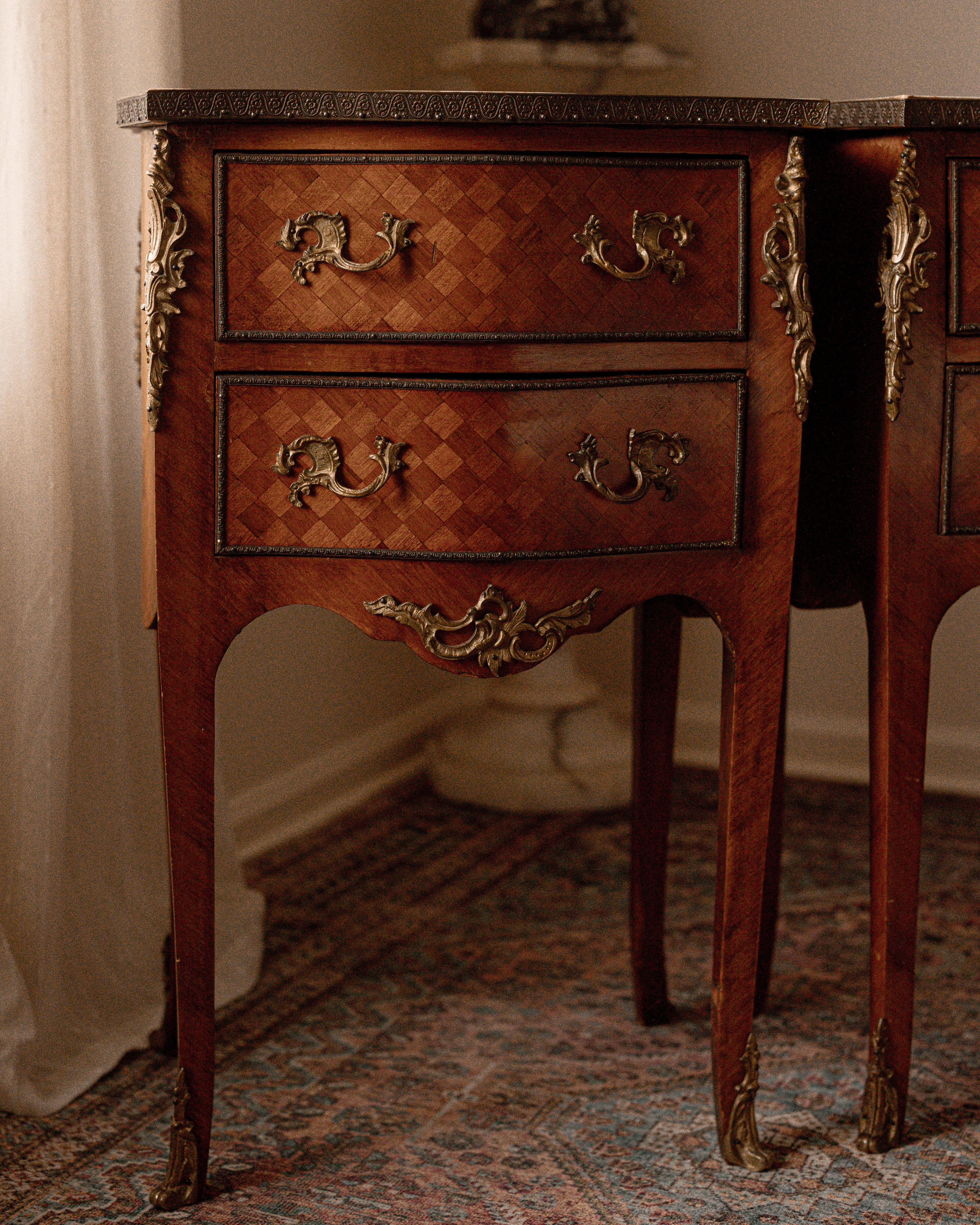 Pair of Antique French Louis XV Revival Marquetry Bedside Tables