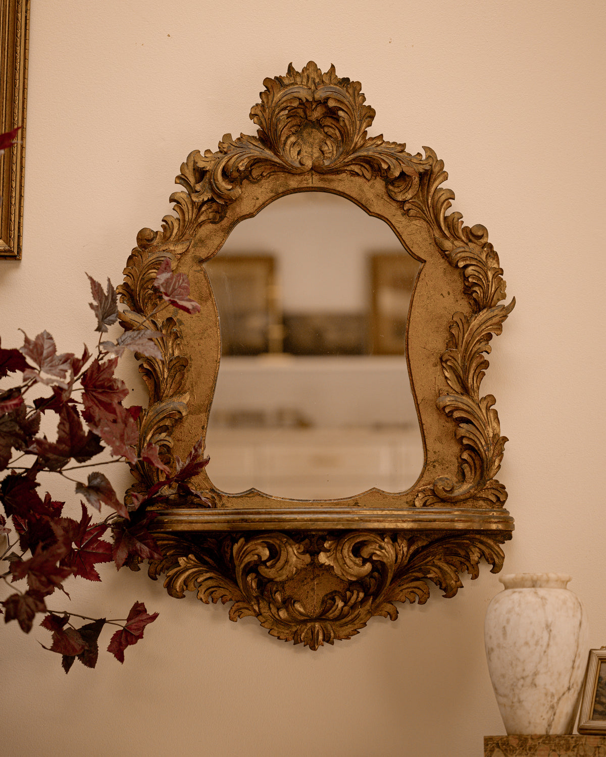 Italian Carved Giltwood Shelf Mirror