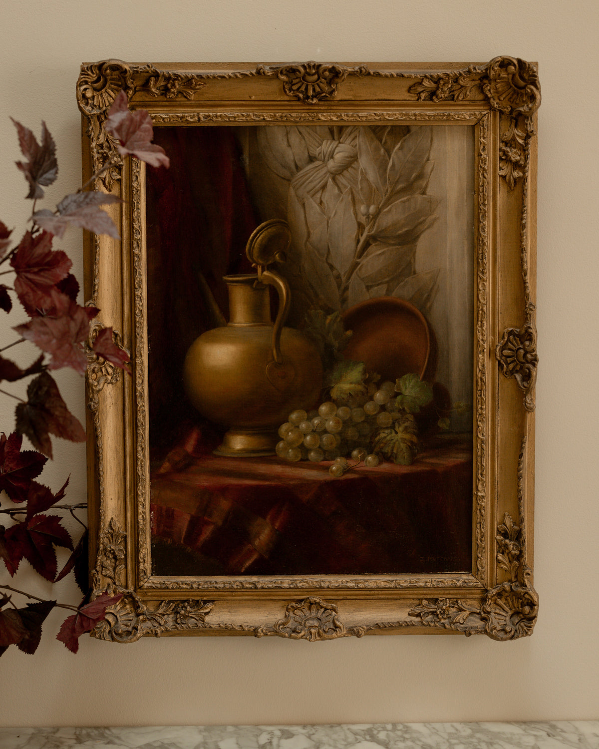 Antique Still Life with Brass Ewer & Grapes