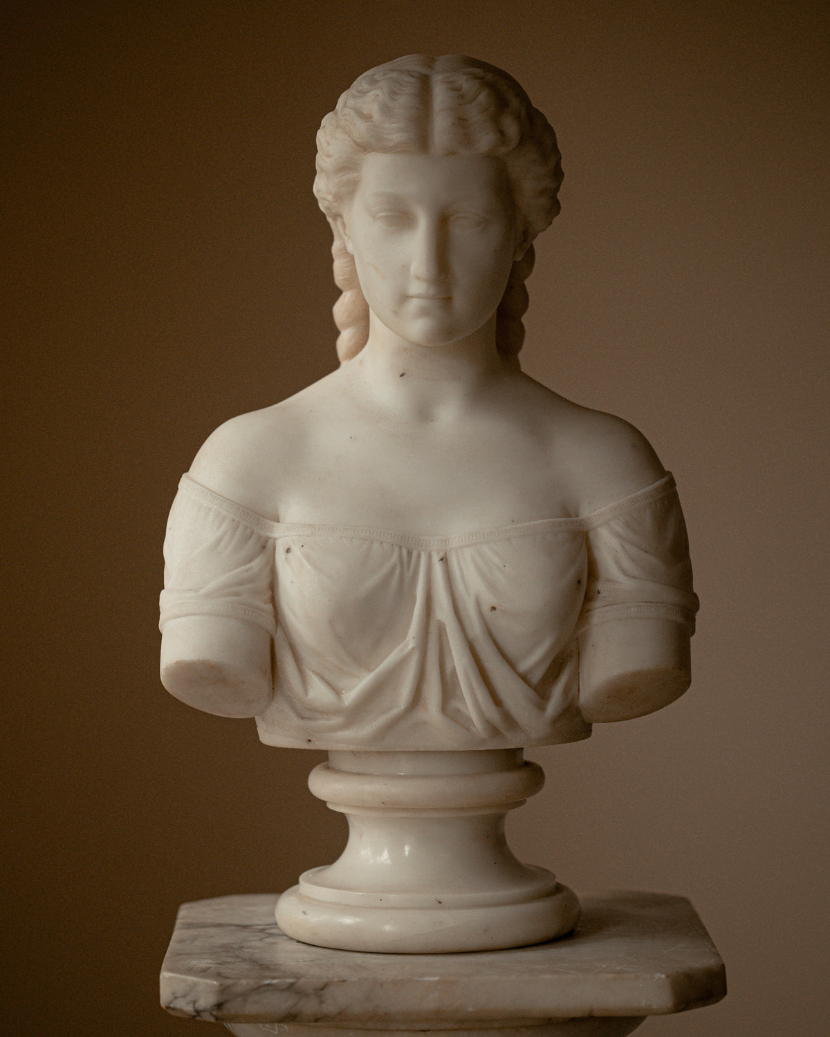 19th C. Marble Bust of Woman w/ Braids