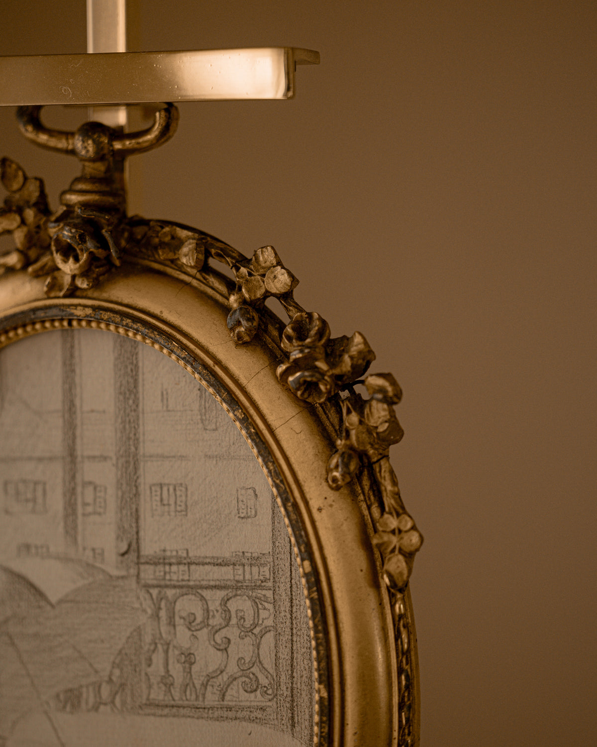 Antique French Pencil Sketch in Gilt Wood & Gesso Frame
