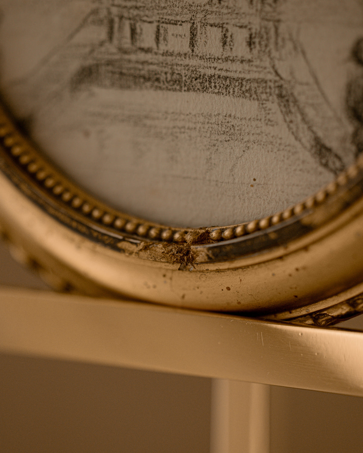 Antique French Pencil Sketch in Gilt Wood & Gesso Frame