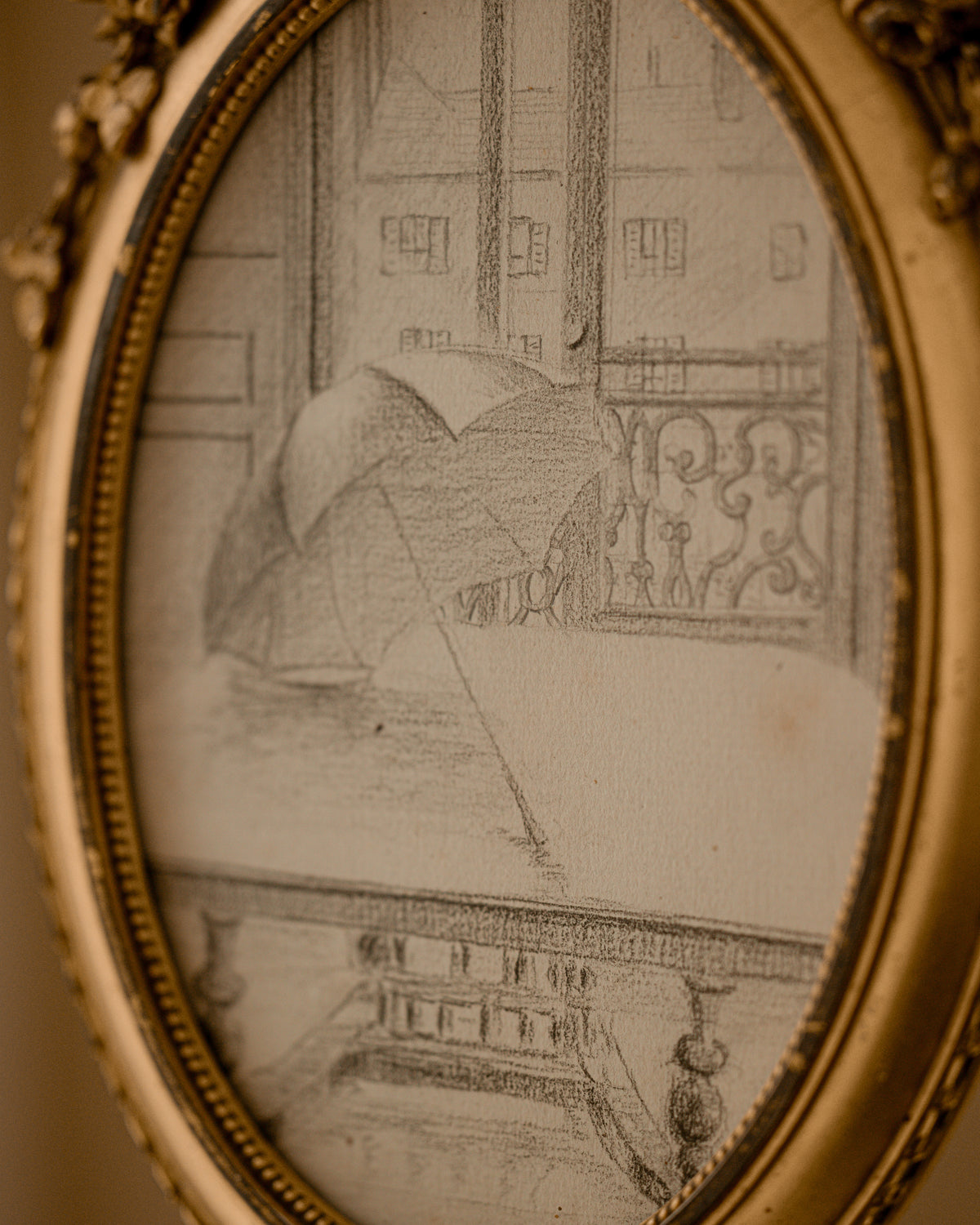 Antique French Pencil Sketch in Gilt Wood & Gesso Frame