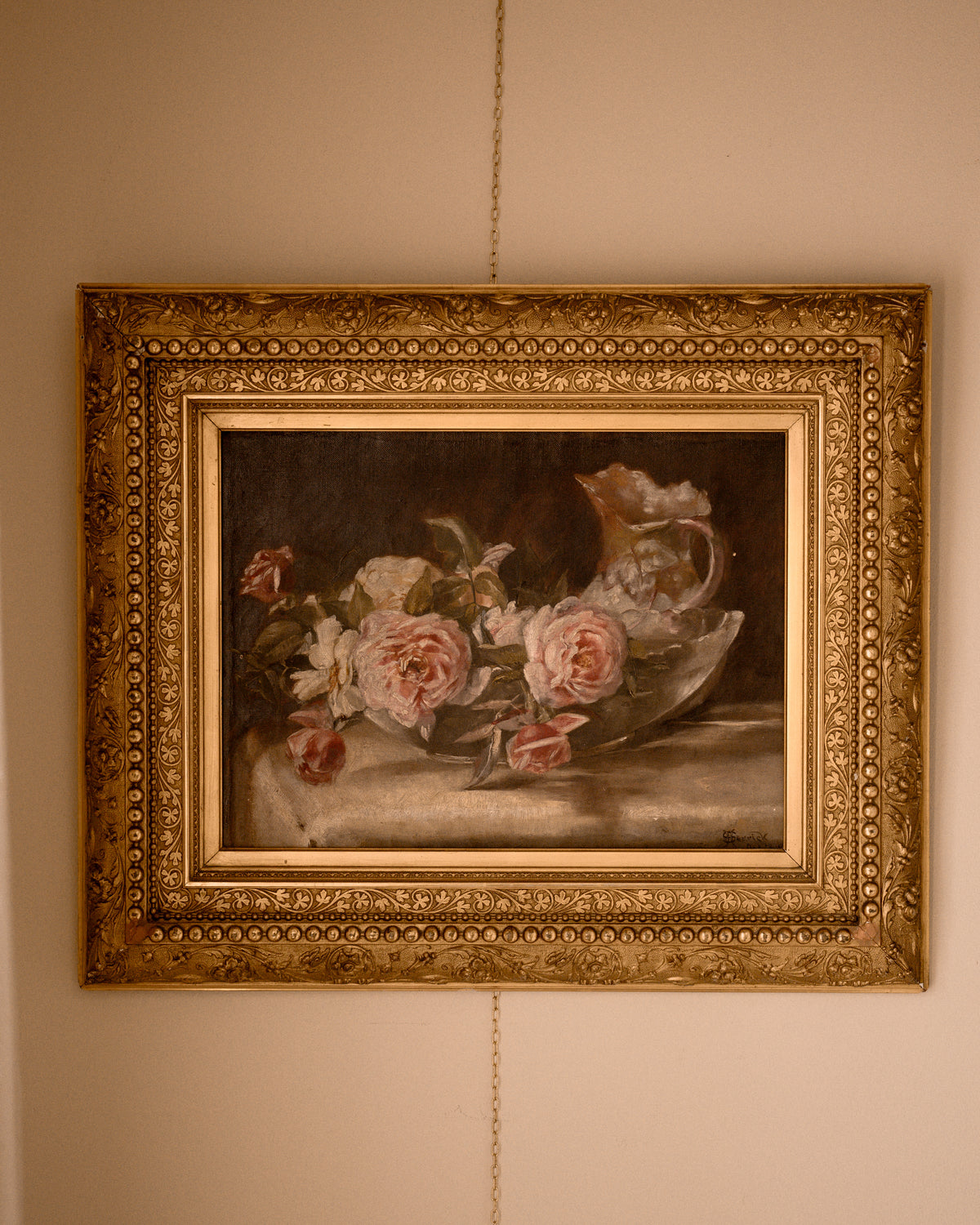 Antique Pink Roses Floral Still Life Oil Painting