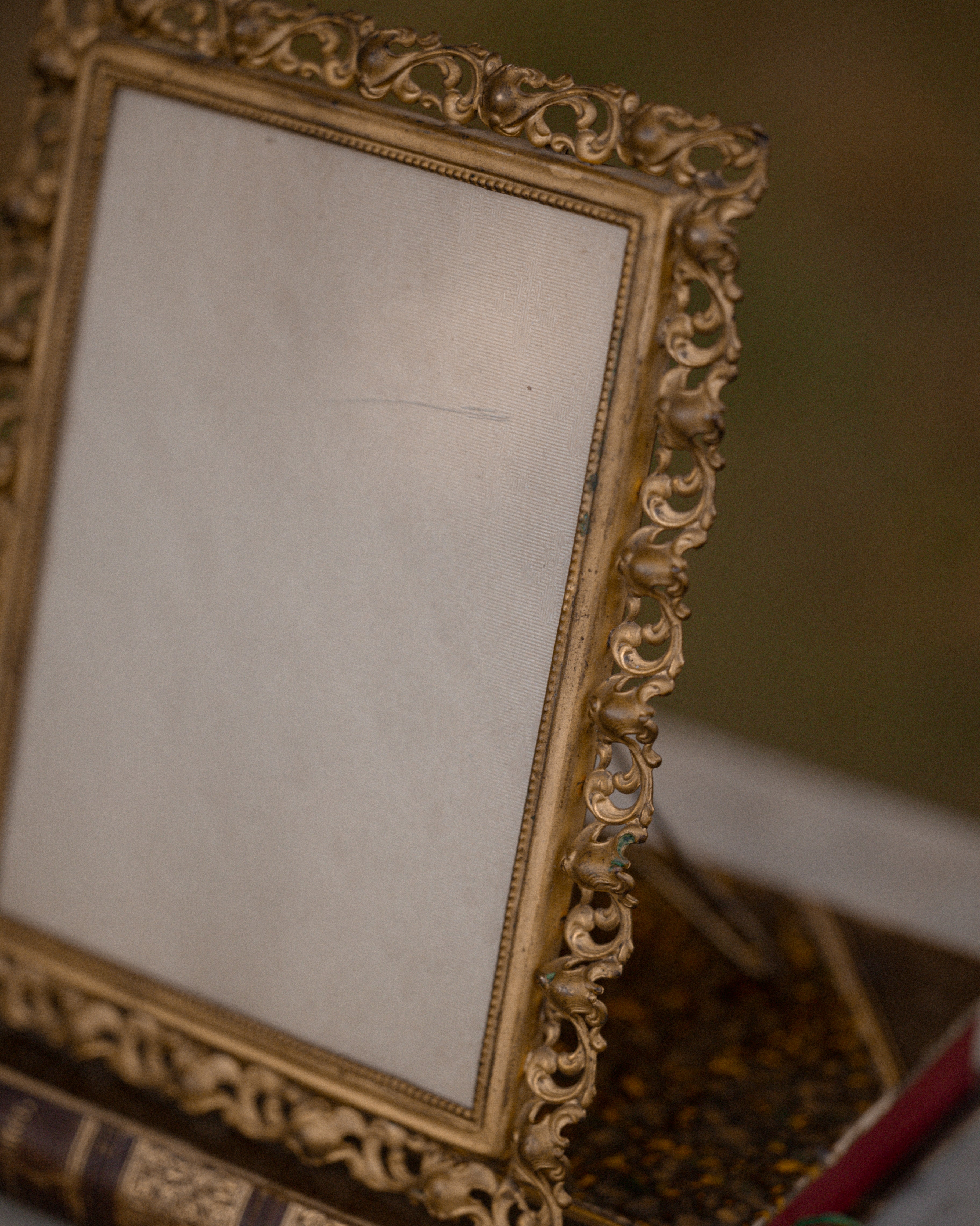 Antique Gilt Metal Frame w/ Fleur De Lis Silk Lining