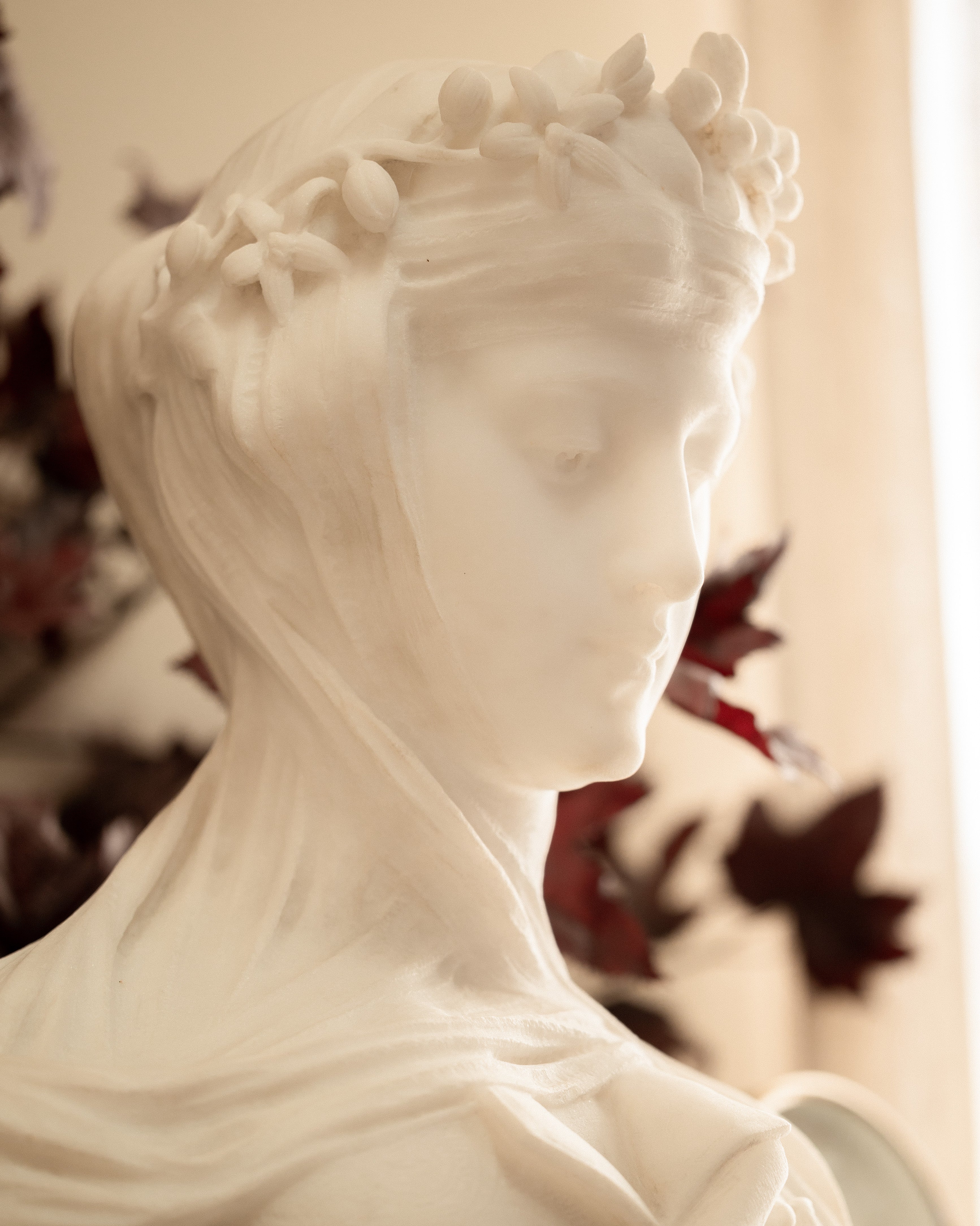 Italian Carrara Marble Bust of a Veiled Woman