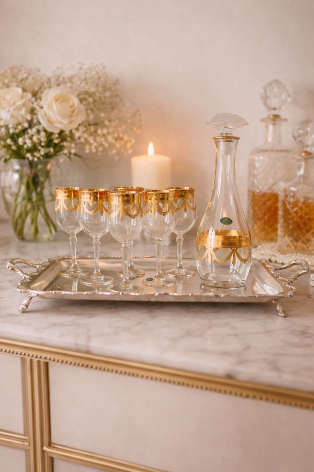 Vintage Italian Crystal Decanter + 6 Glasses Set