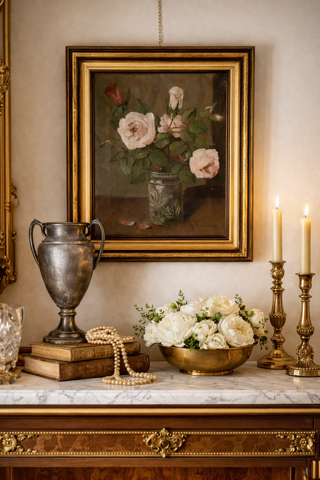 Antique Floral Still Life Oil Painting in Gilt Frame