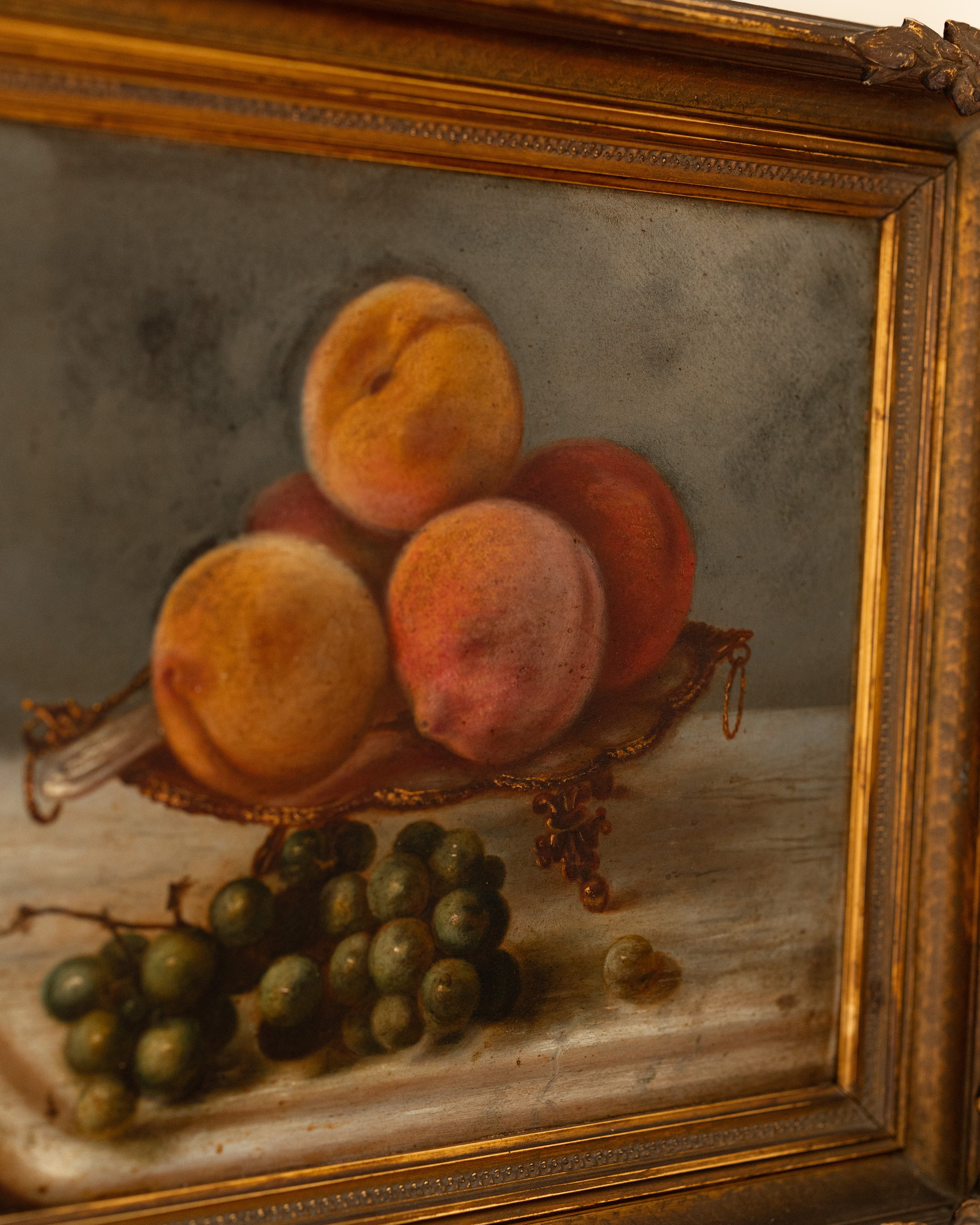 19th Century Still Life Painting – Peaches & Grapes in Ormolu Bowl