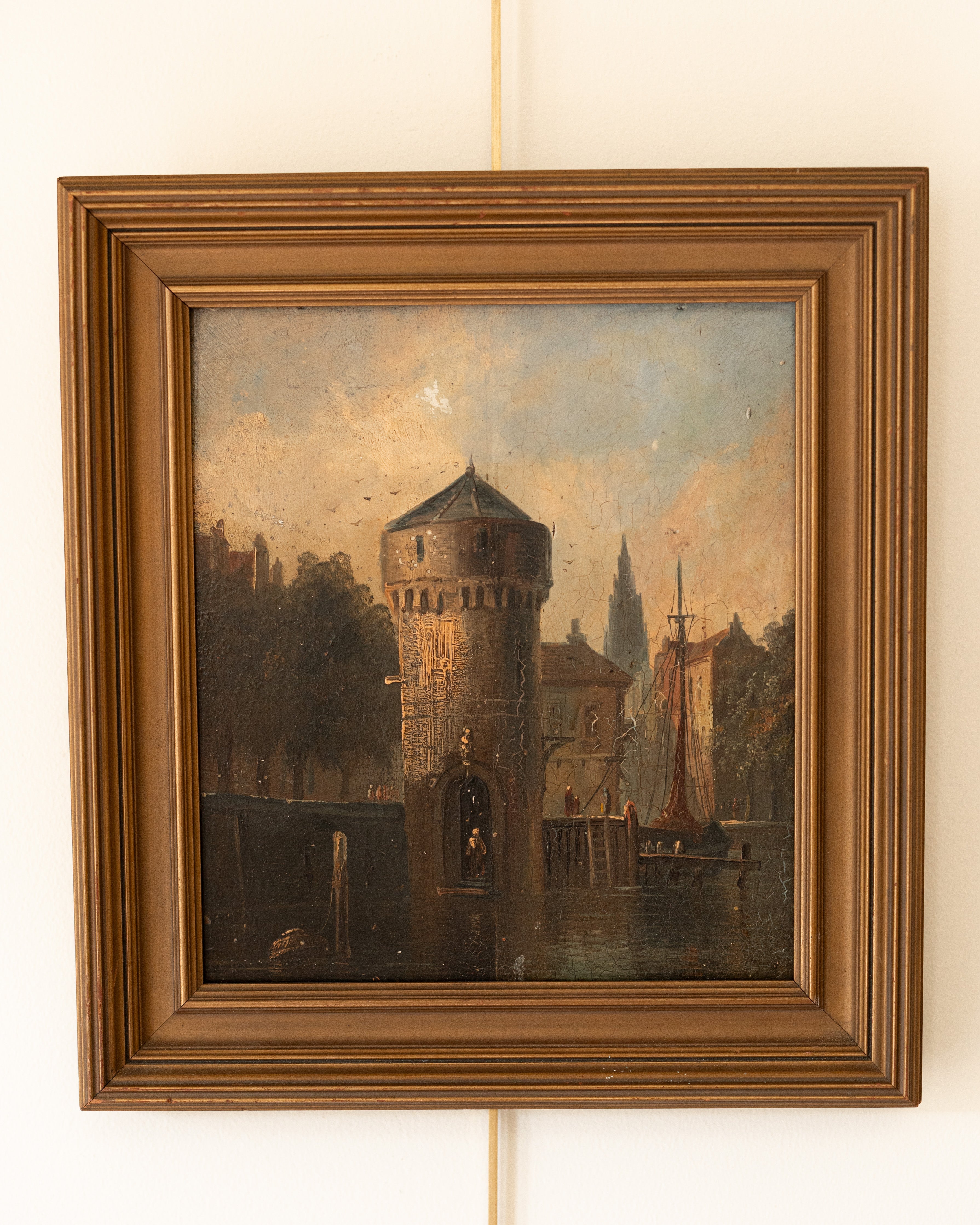19th Century European Cathedral Town Scene Oil Painting