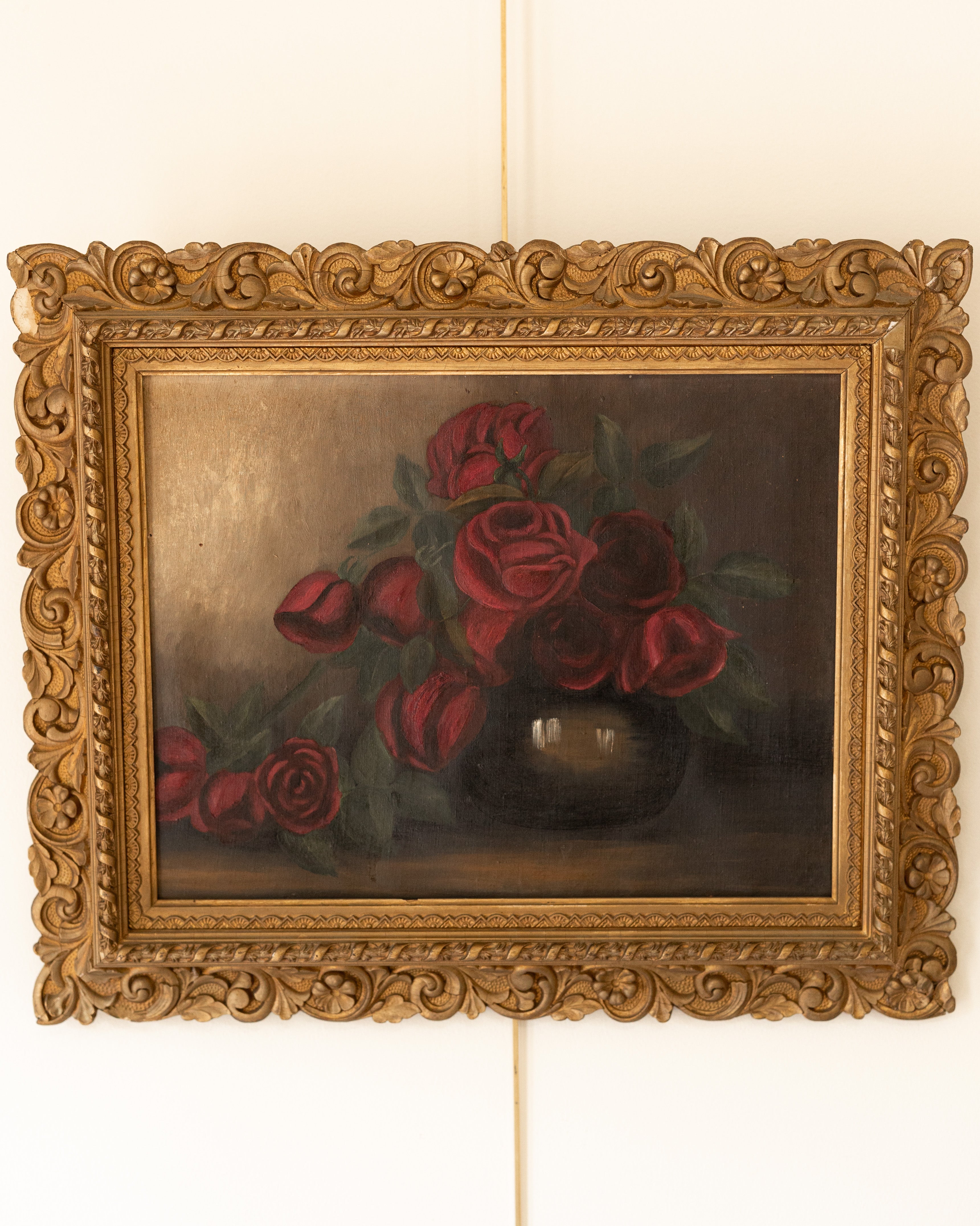 19th Century Still Life Oil Painting – Red Roses in Vase