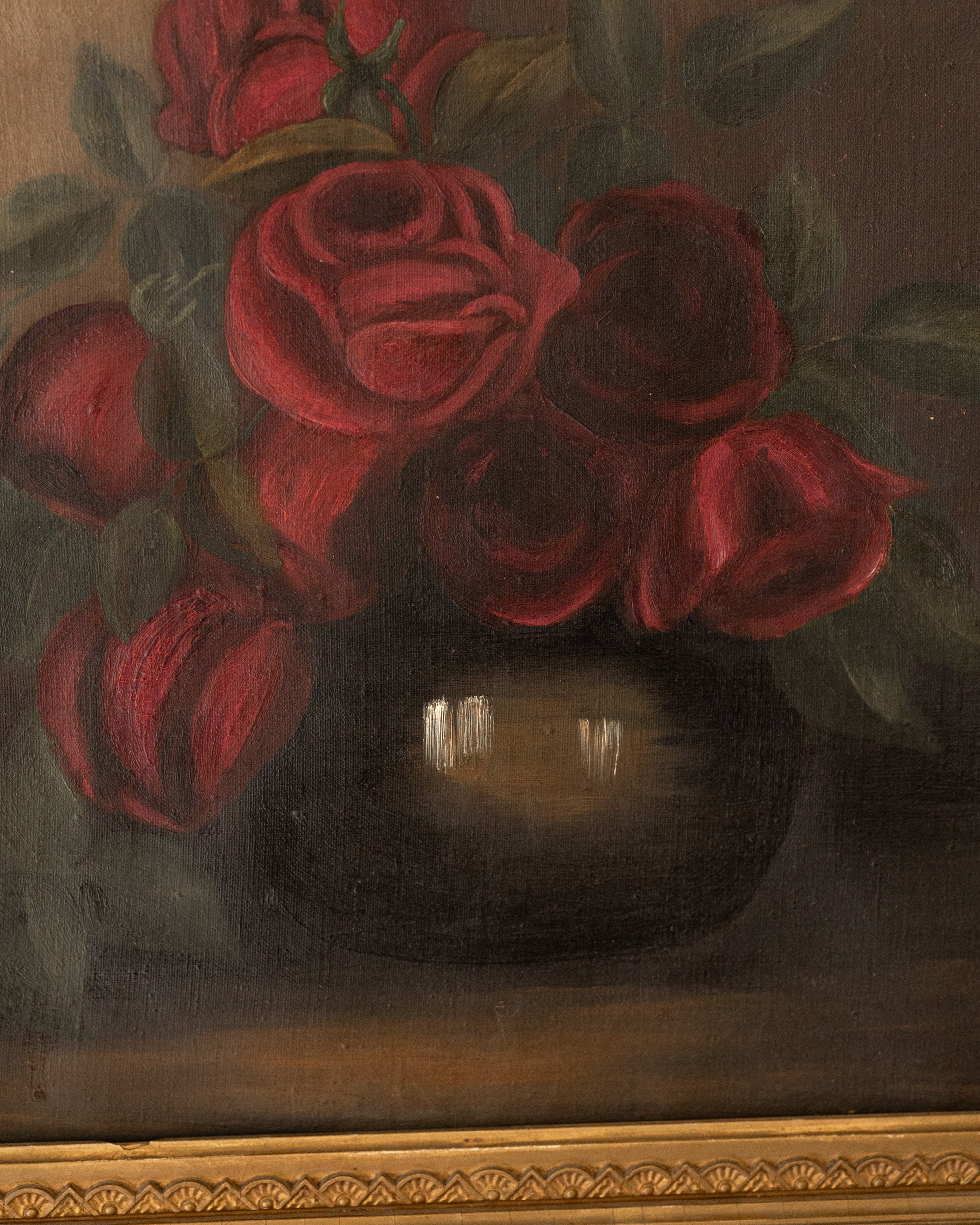 19th Century Still Life Oil Painting – Red Roses in Vase