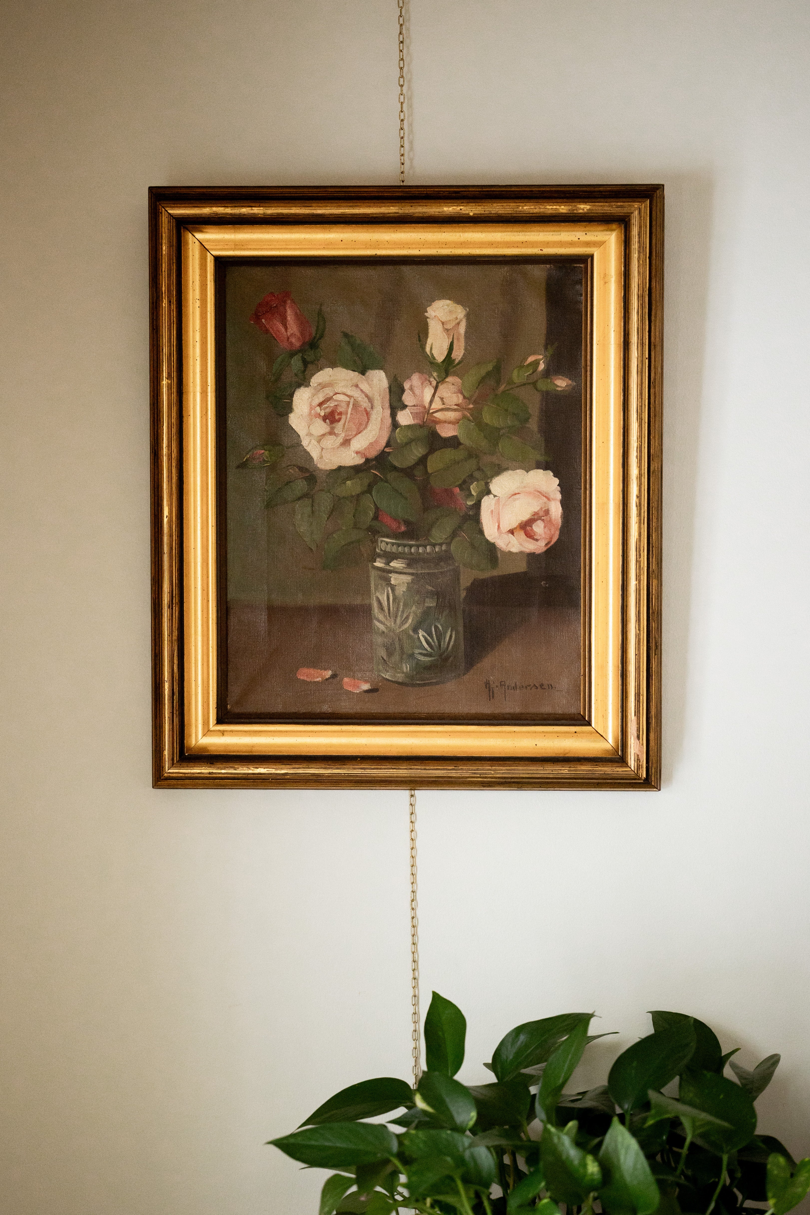 Antique Floral Still Life Oil Painting in Gilt Frame