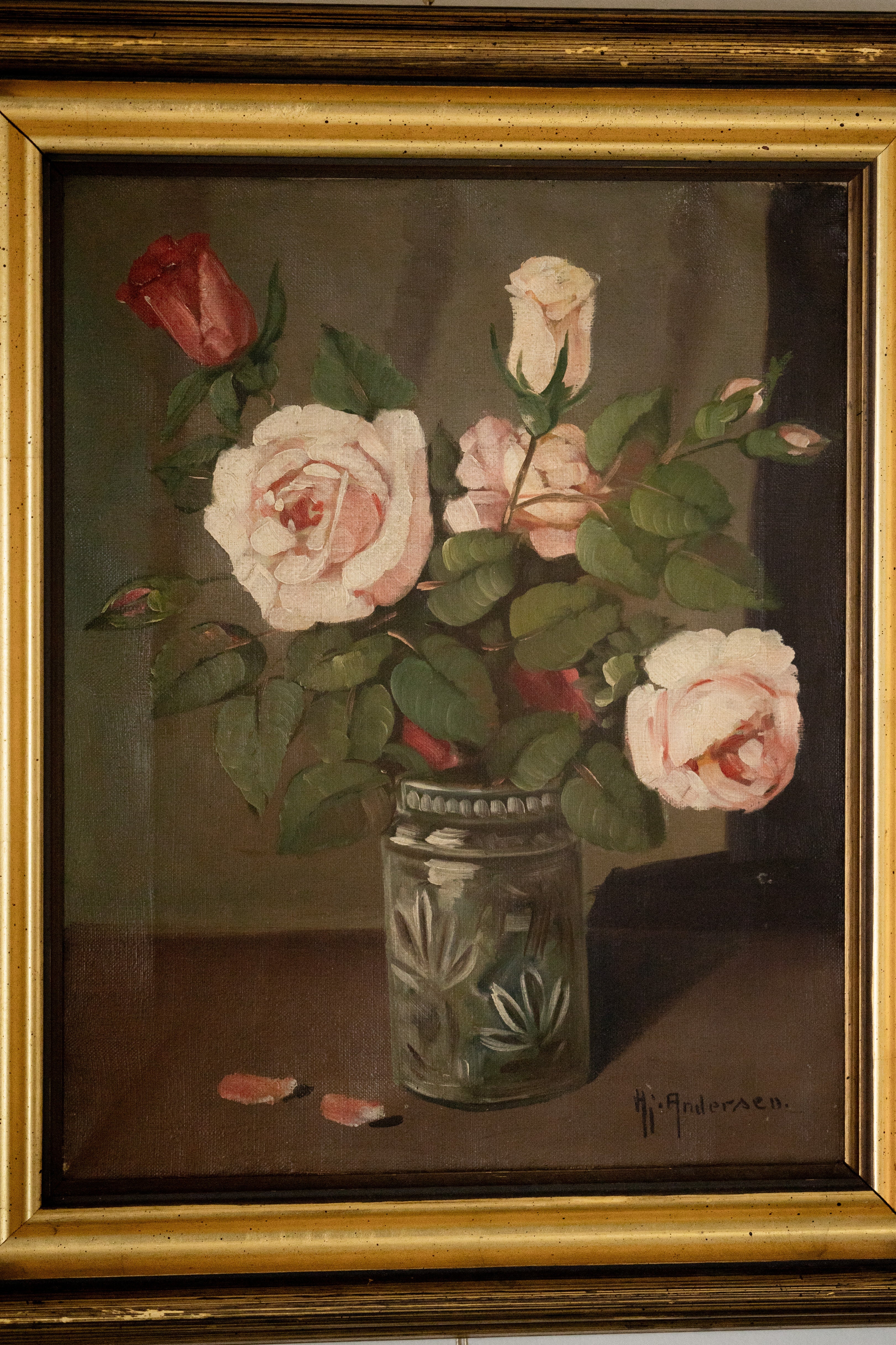 Antique Floral Still Life Oil Painting in Gilt Frame
