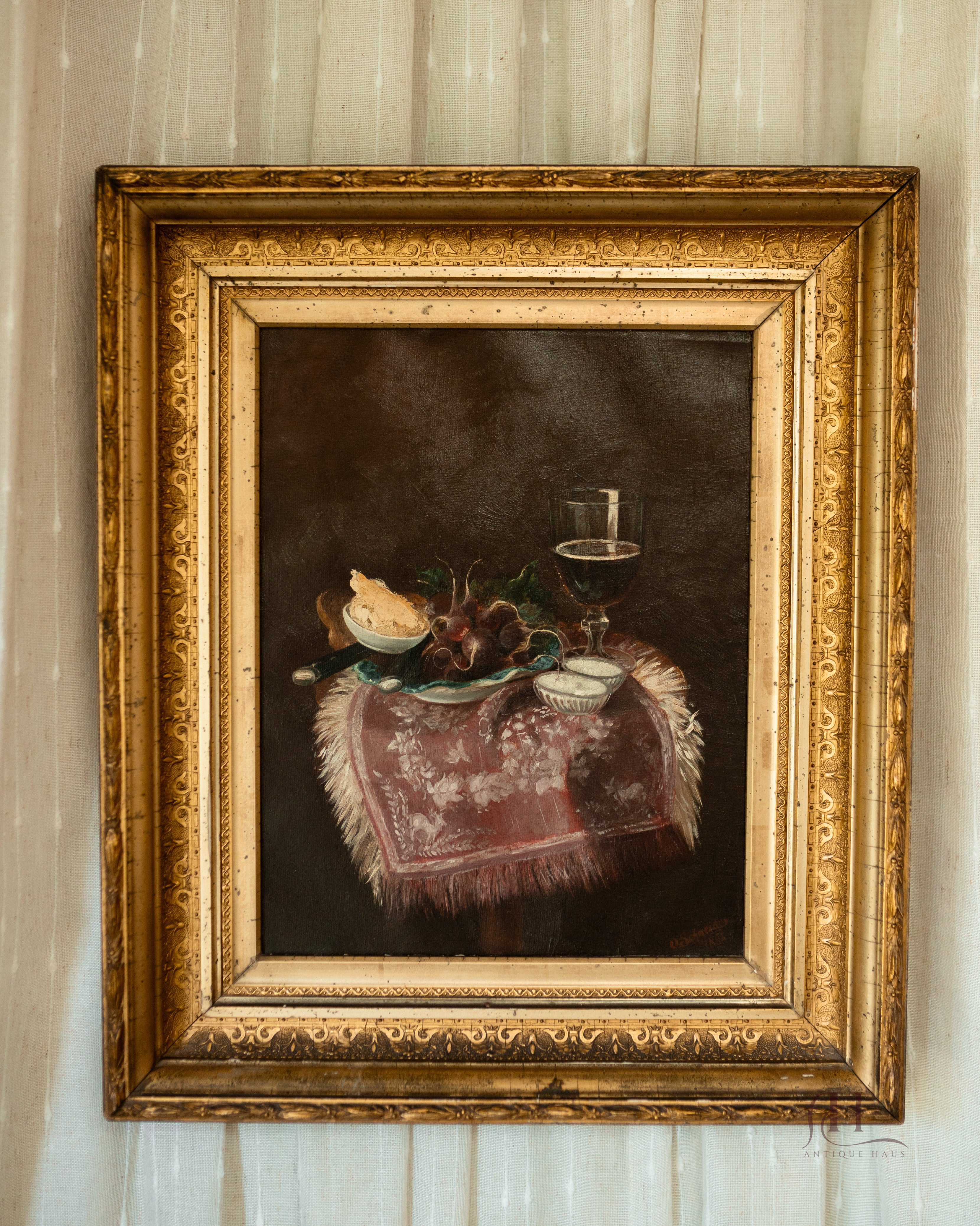 "Wine Glass & Radishes" 19th Century Still Life Oil Painting by Otto Henry Schneider