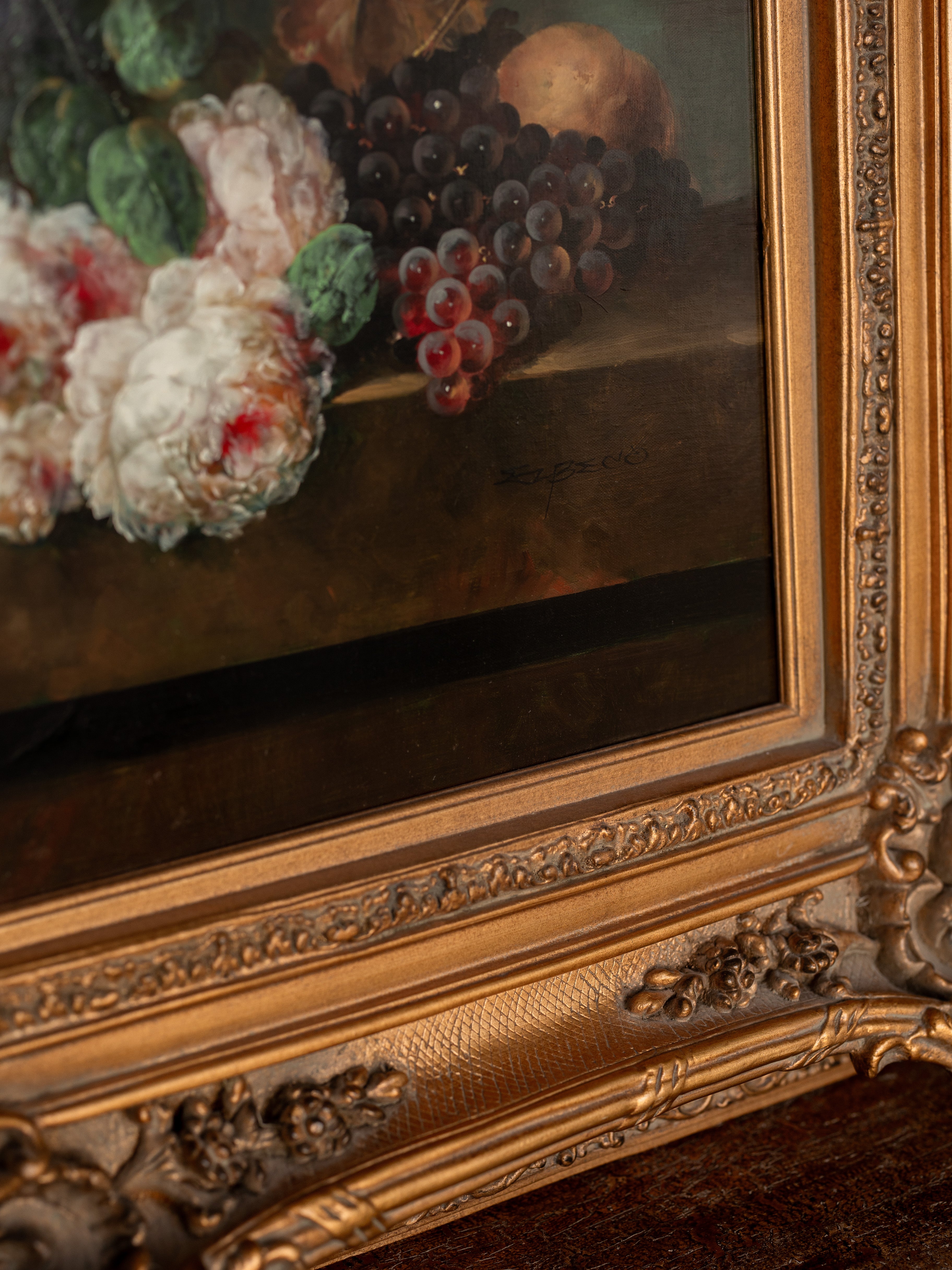 Vintage Floral Oil Painting in Ornate Gilt Wood Frame