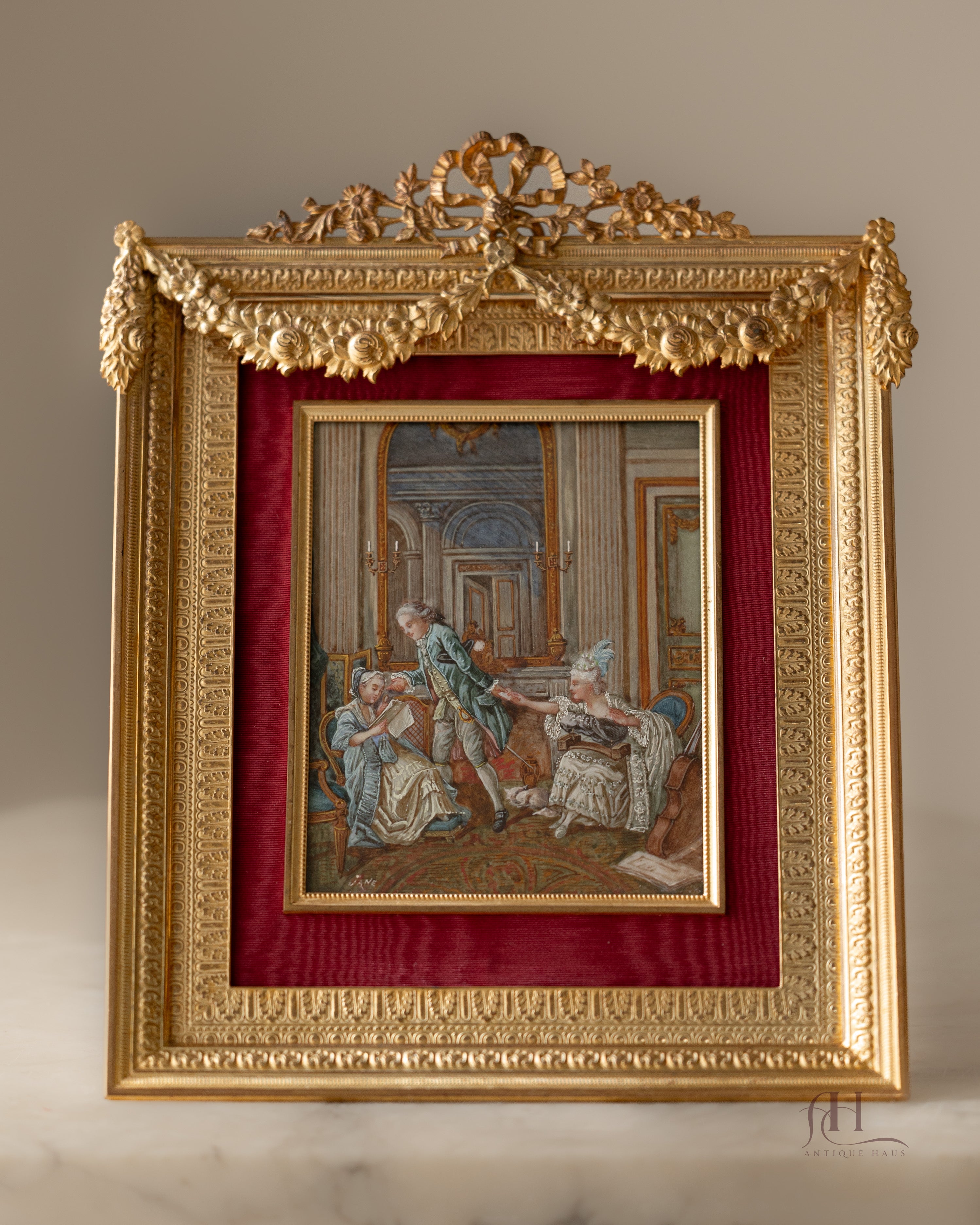 19th C. Bone Miniature Rococo Interior Scene Painting