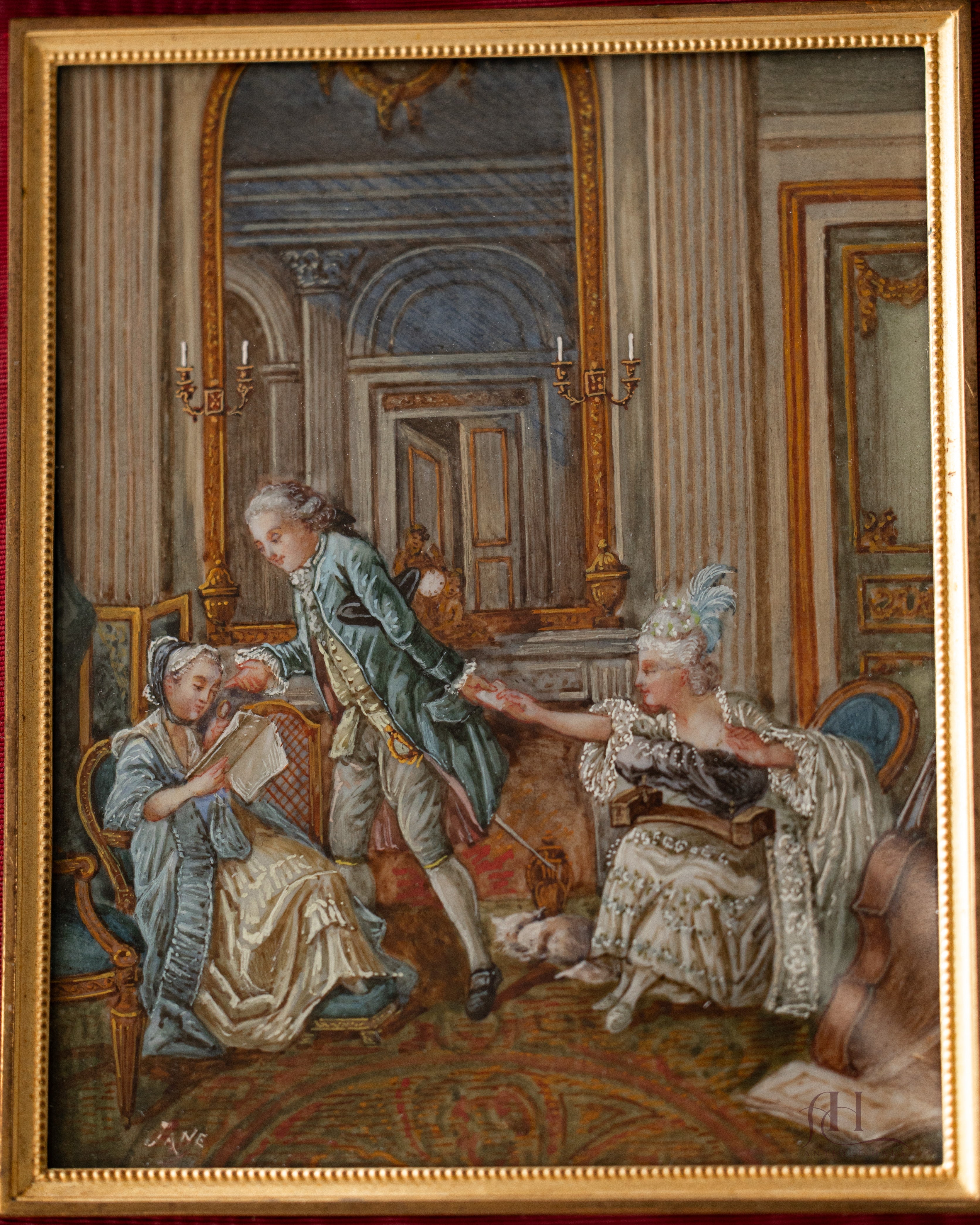 19th C. Bone Miniature Rococo Interior Scene Painting