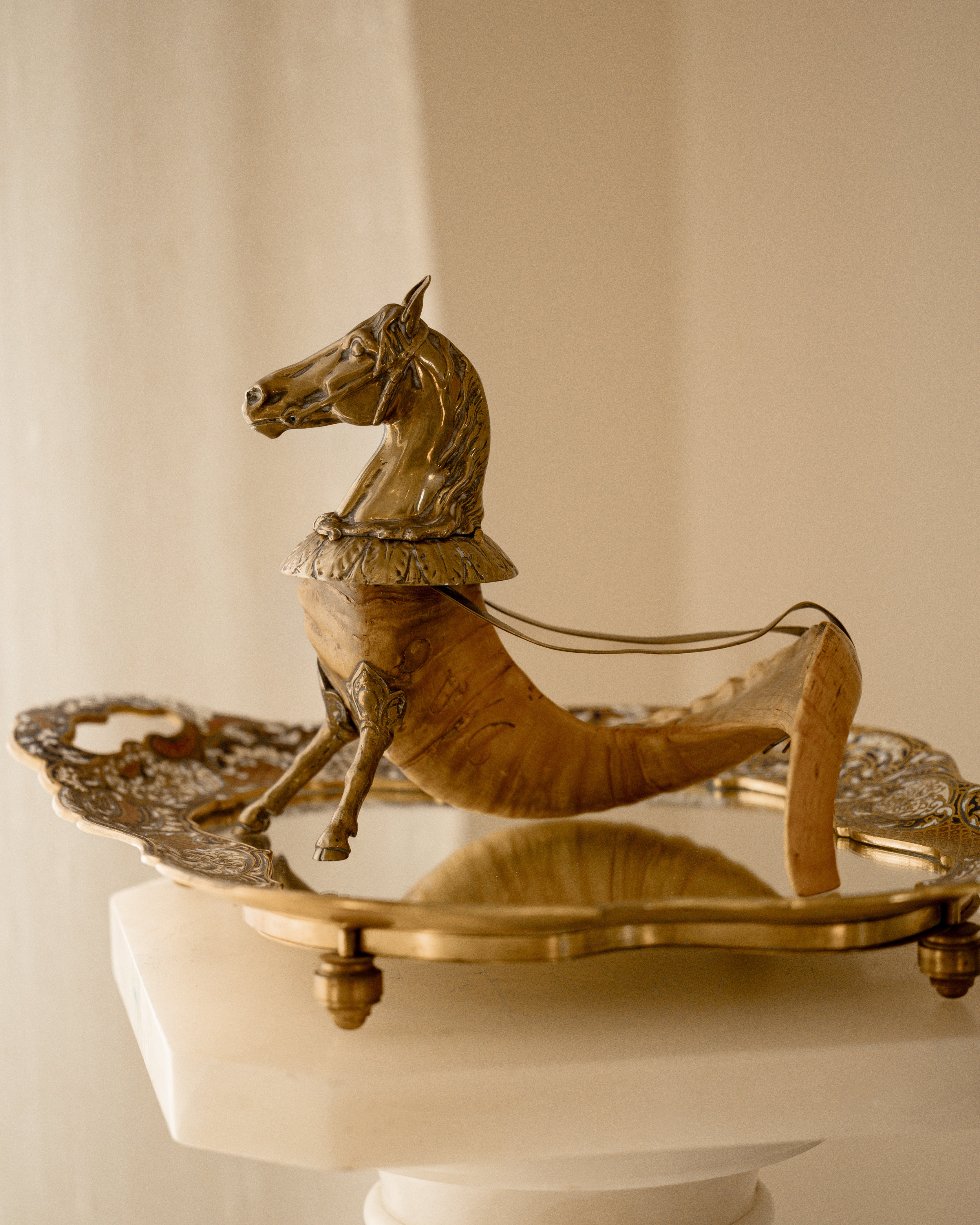 Antique Brass & Ram’s Horn Horse Inkwell