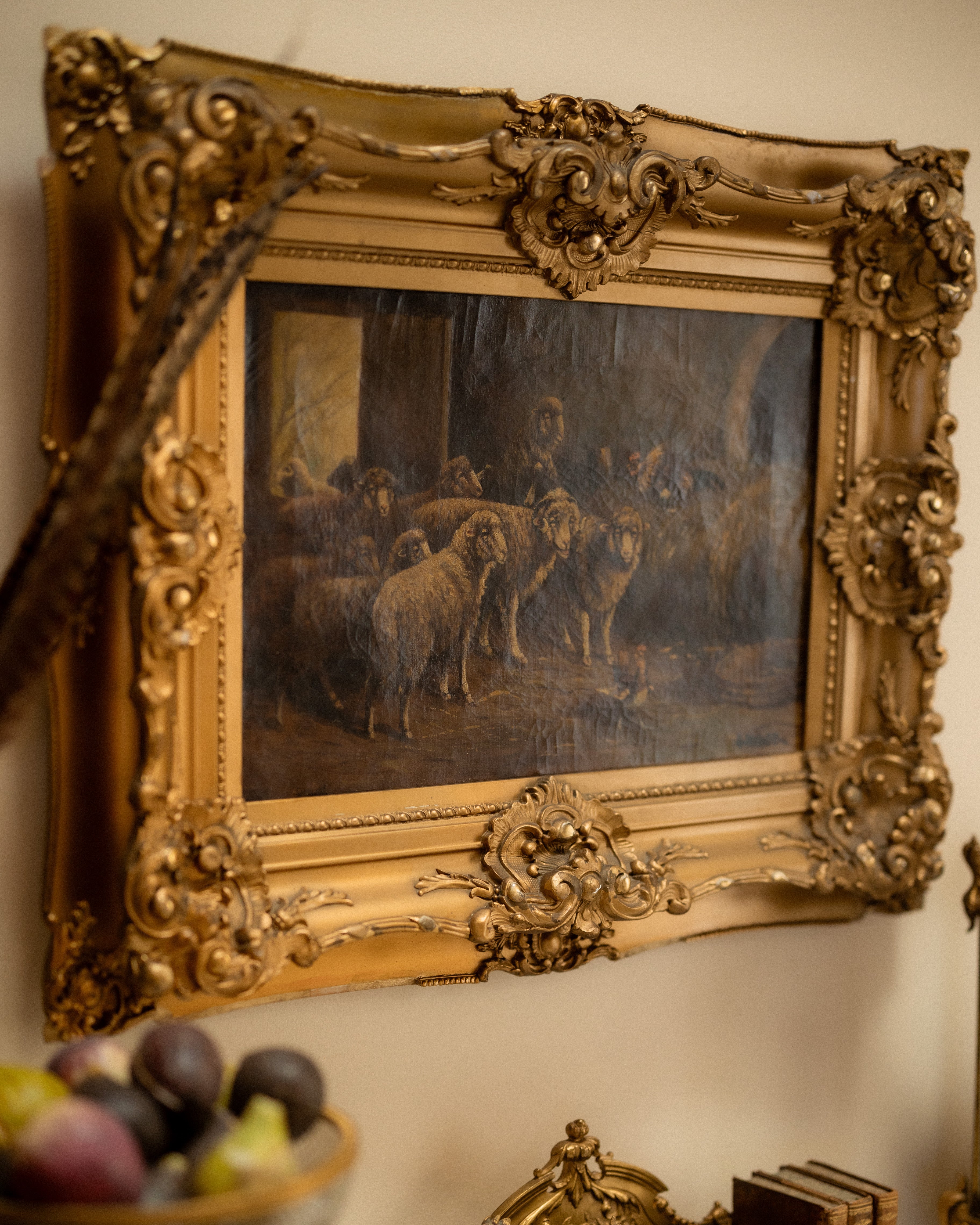 Antique Barn Scene w/ Sheep in Ornate Giltwood Frame
