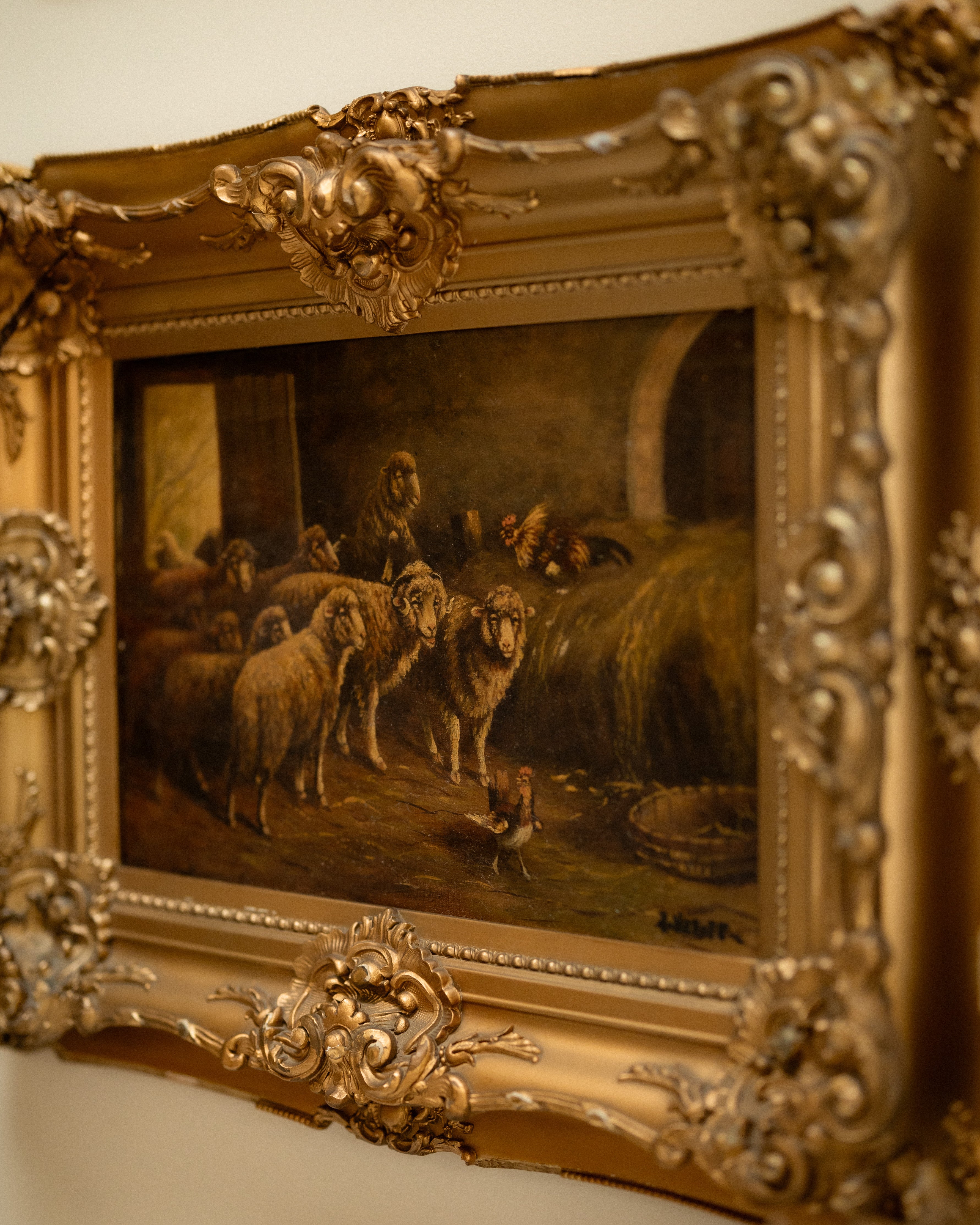 Antique Barn Scene w/ Sheep in Ornate Giltwood Frame