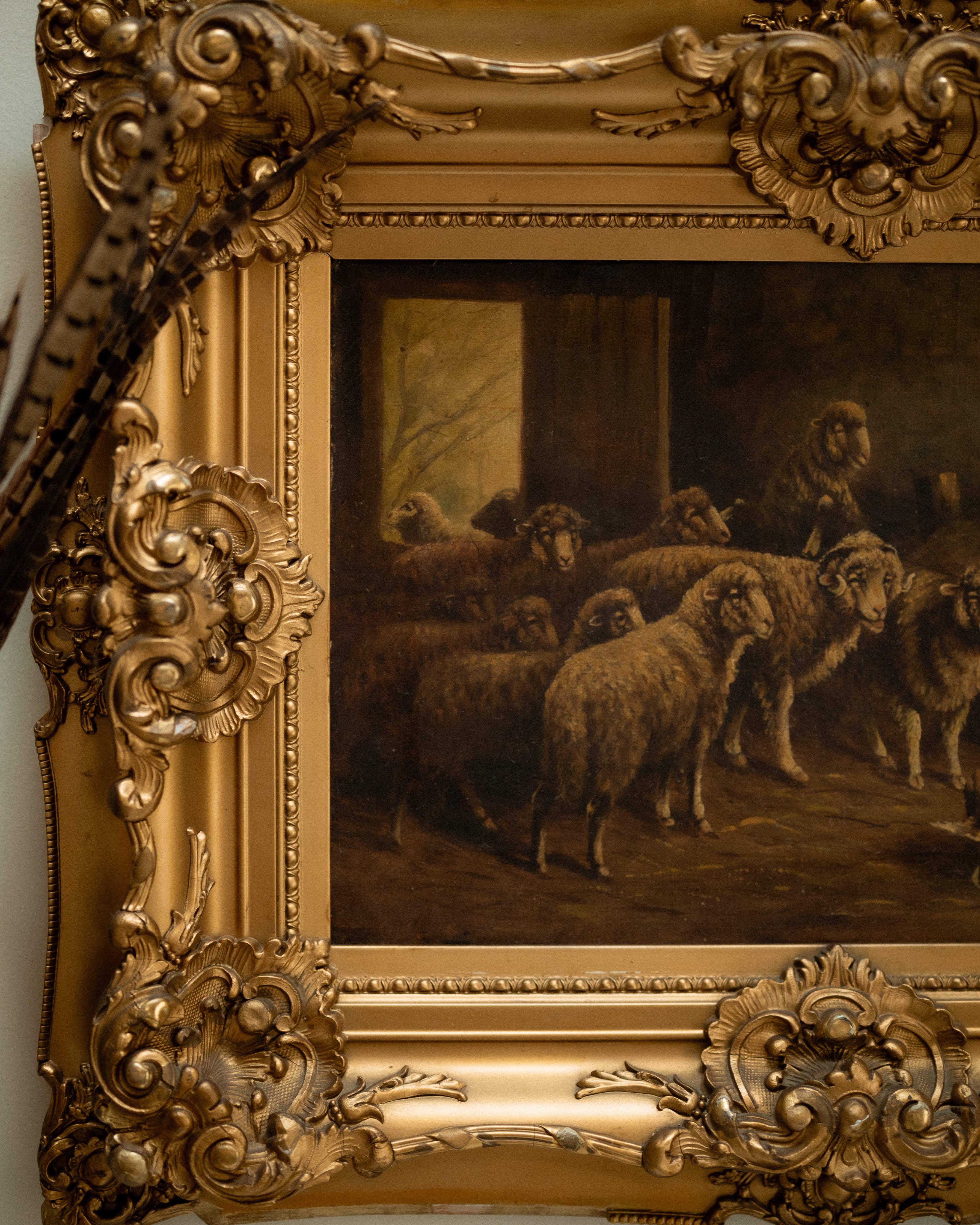 Antique Barn Scene w/ Sheep in Ornate Giltwood Frame