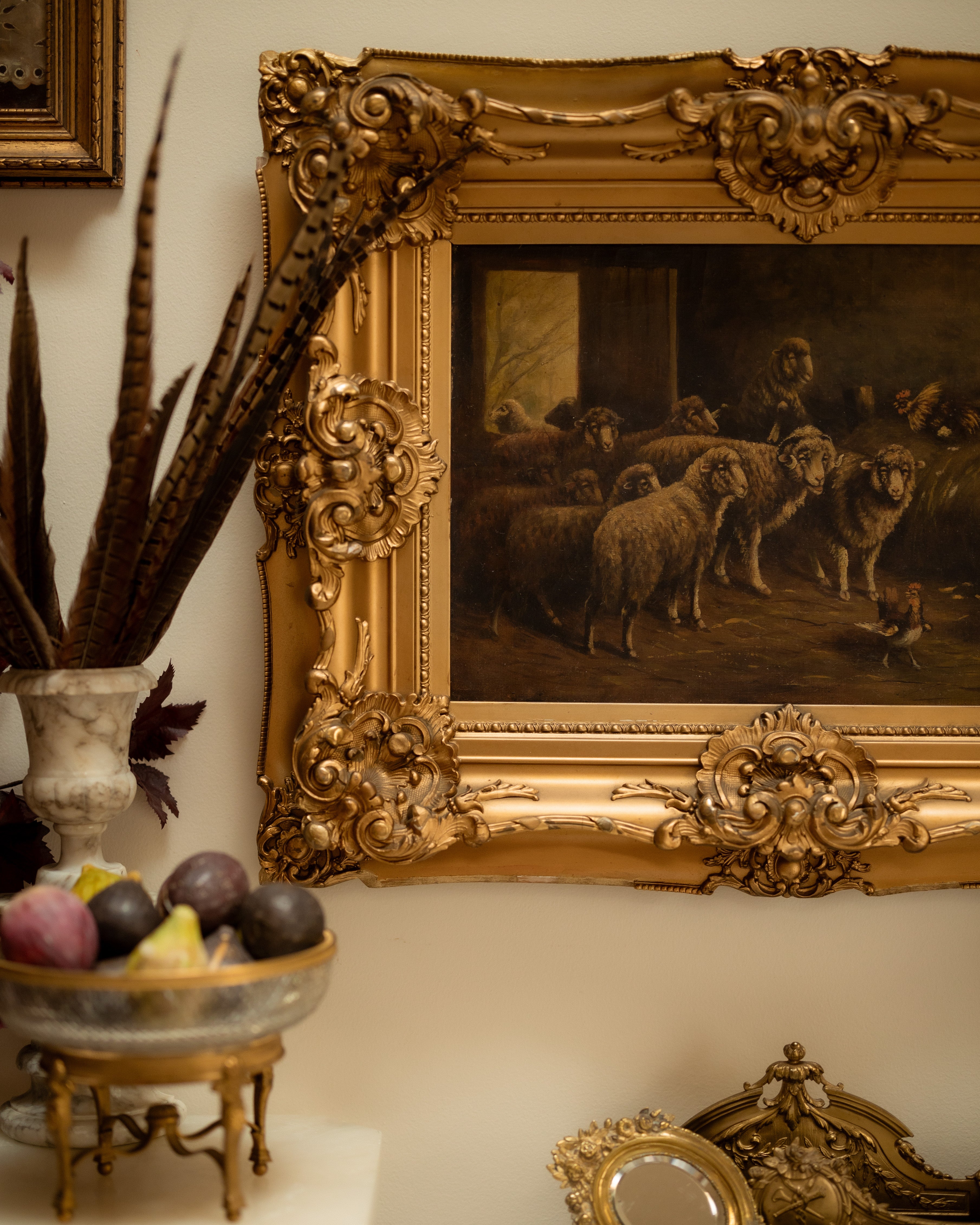 Antique Barn Scene w/ Sheep in Ornate Giltwood Frame