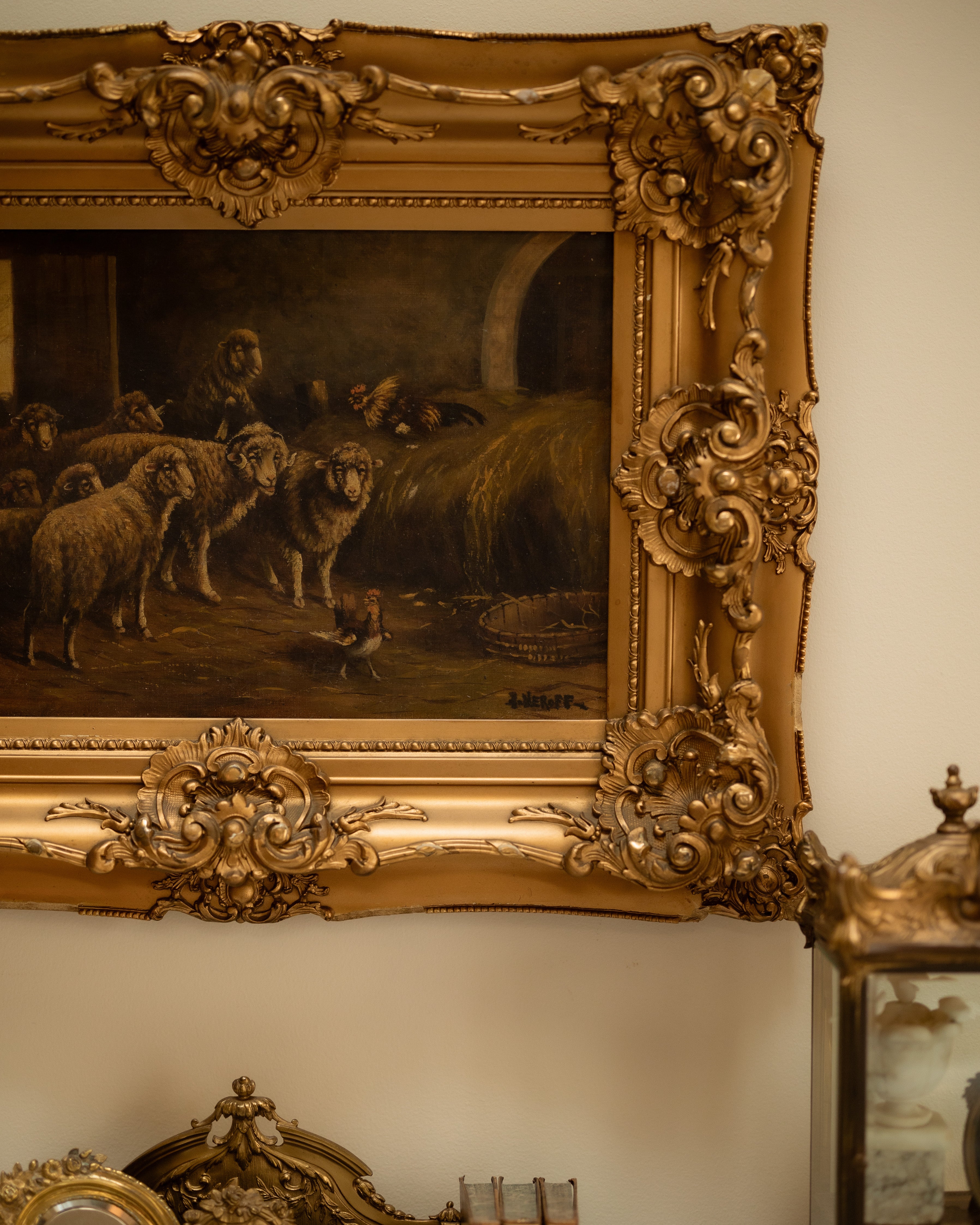 Antique Barn Scene w/ Sheep in Ornate Giltwood Frame