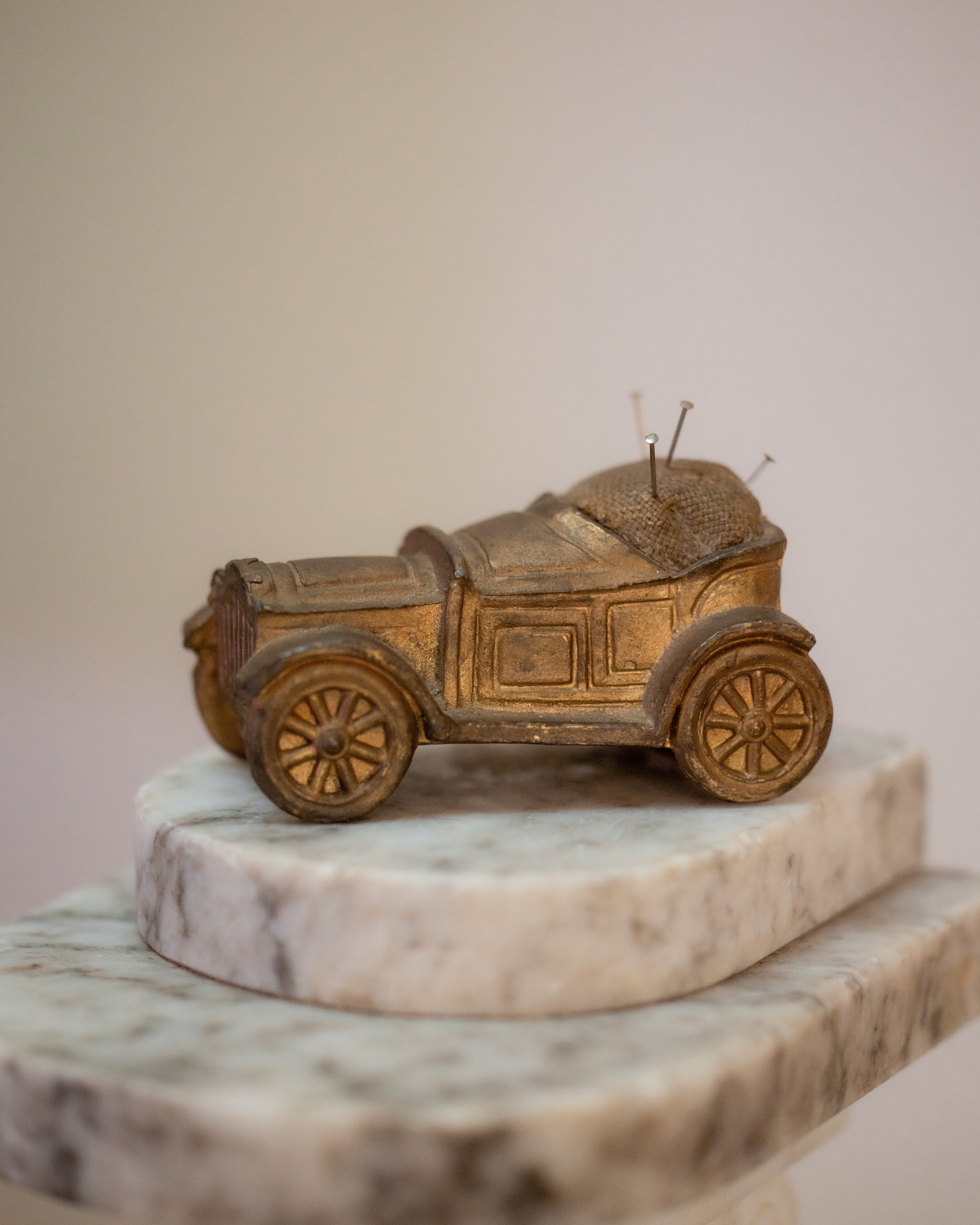 Antique Gilt Metal Car Pin Cushion