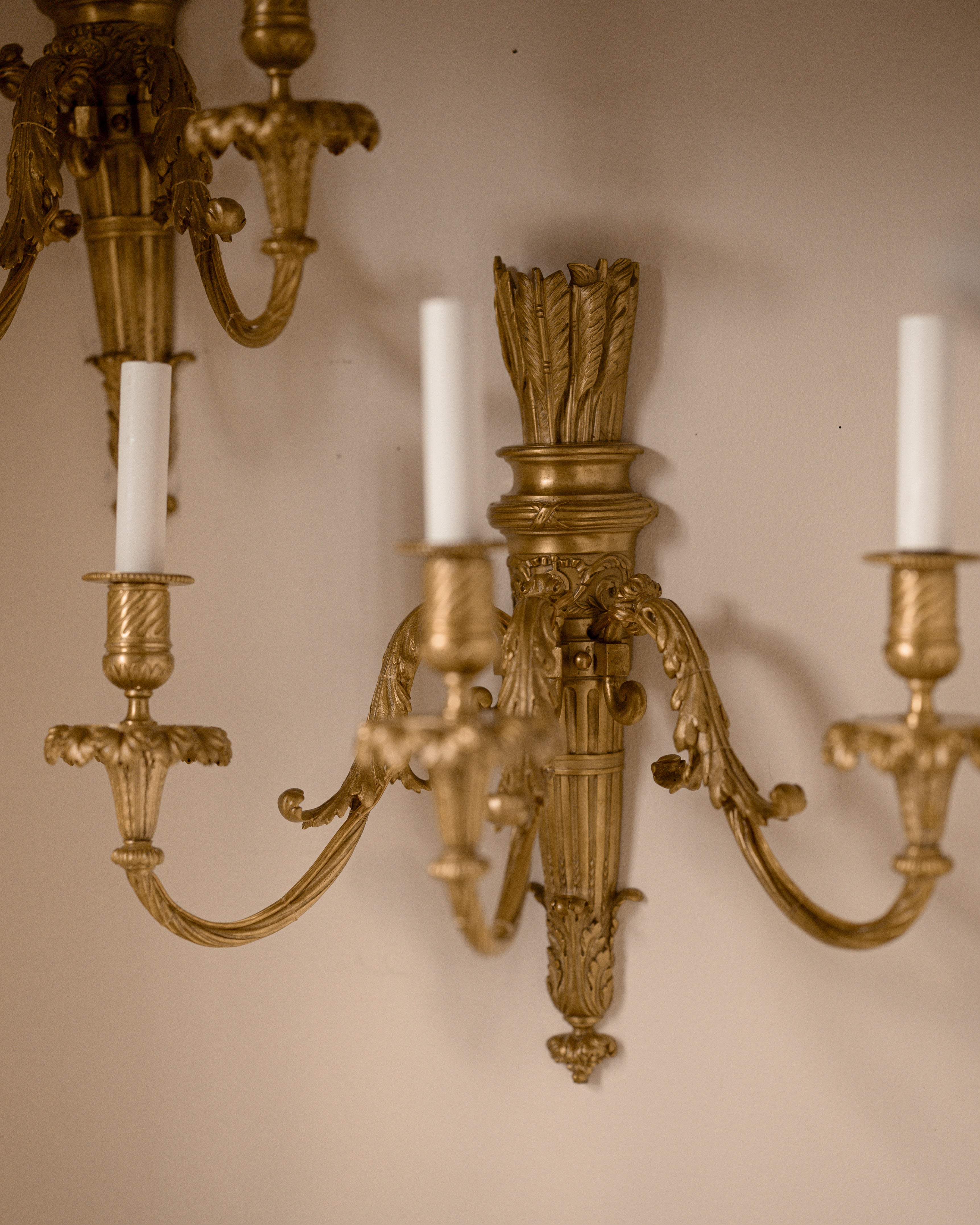 Pair of 19th C. French Gilt Bronze Three-Arm Candle Sconces
