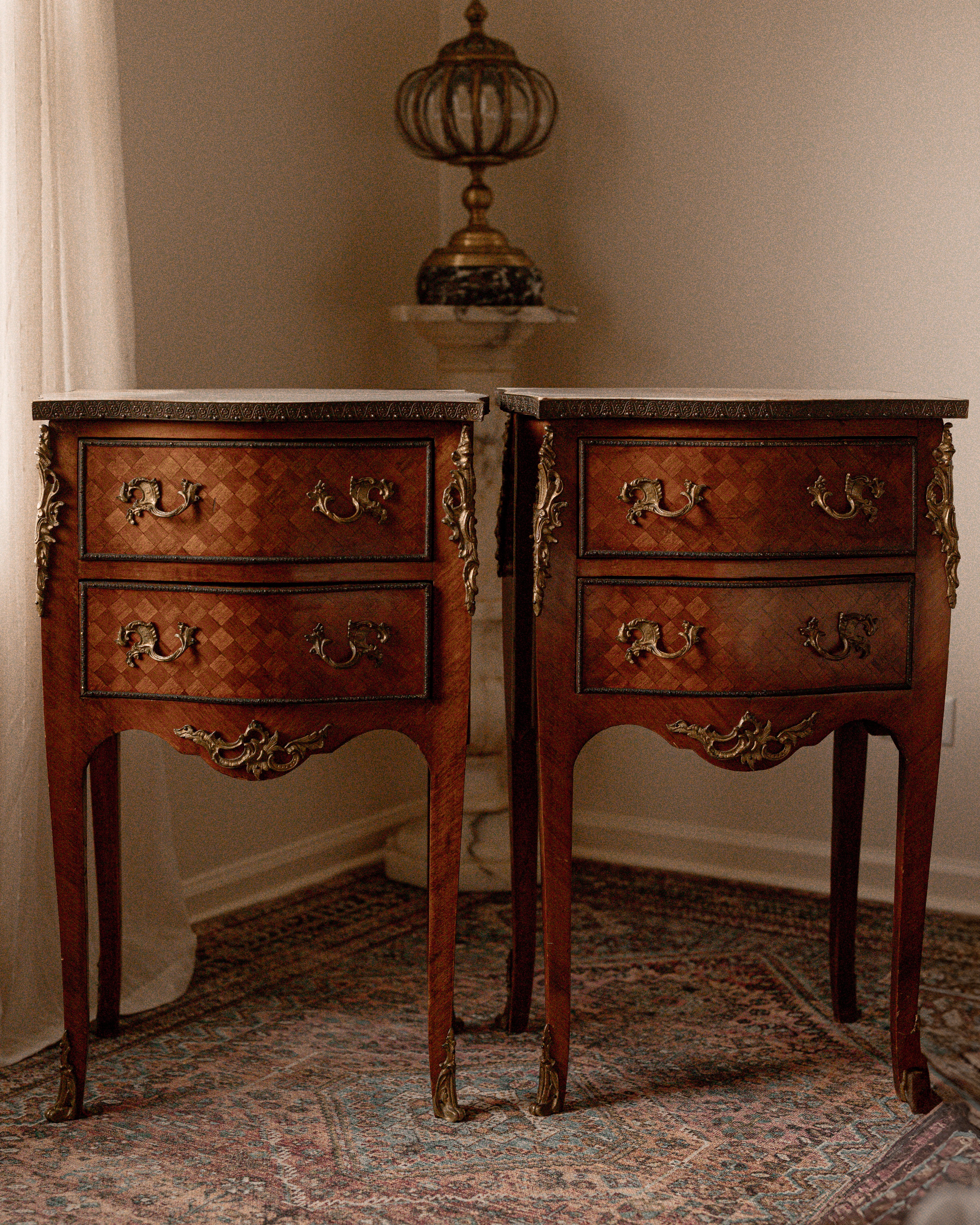 Pair of Antique French Louis XV Revival Marquetry Bedside Tables