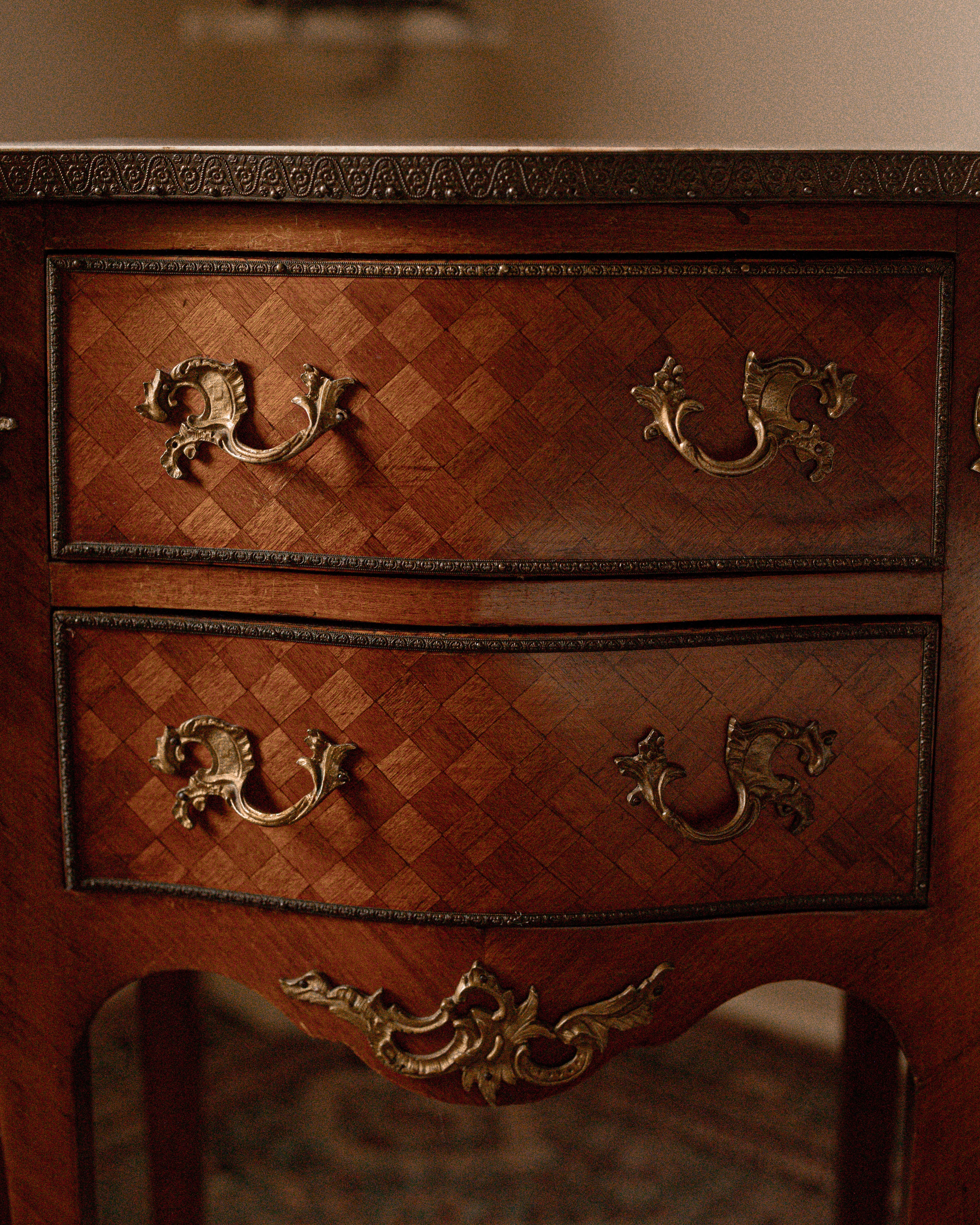 Pair of Antique French Louis XV Revival Marquetry Bedside Tables